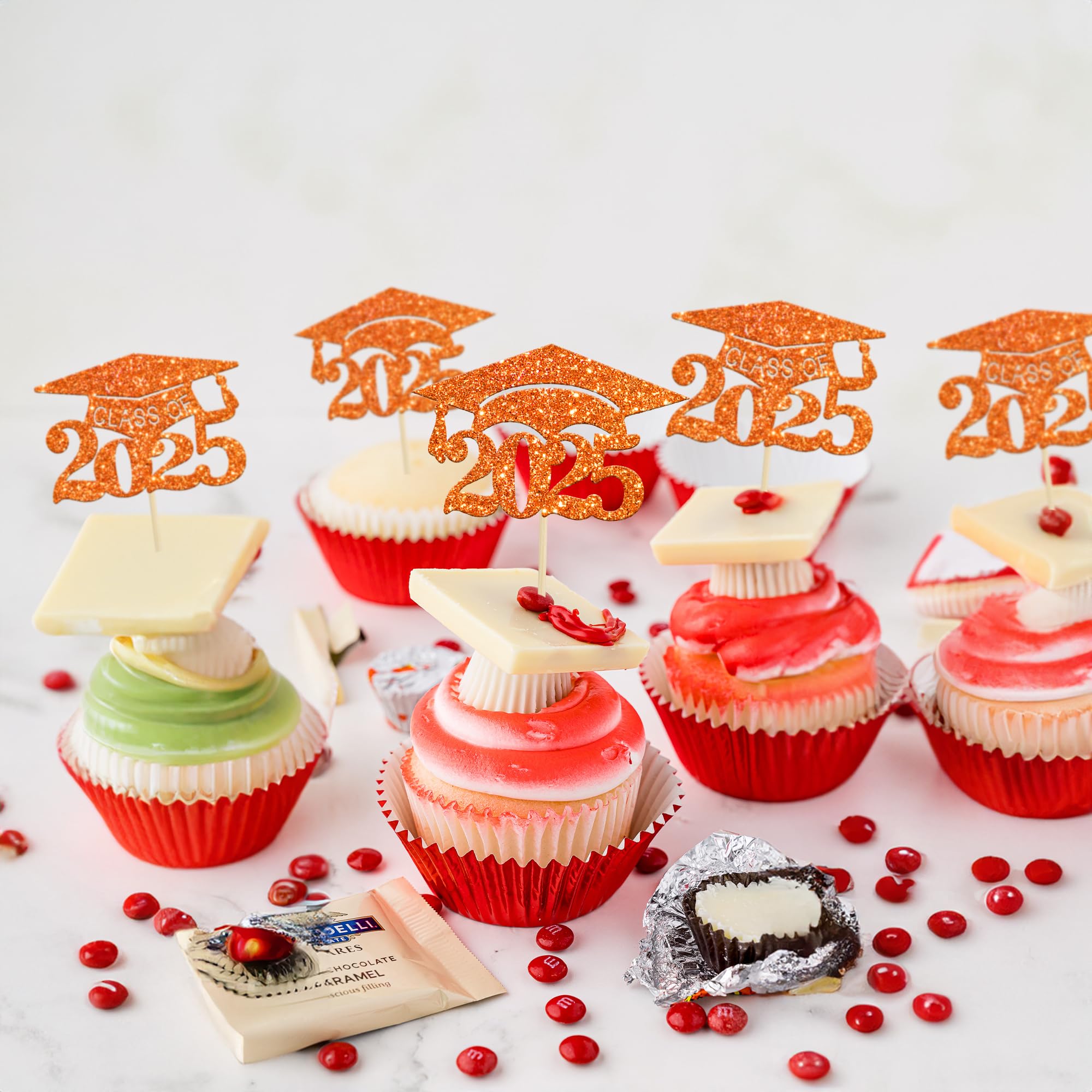 24Pcs 2025 Graduation Cap Cupcake Toppers - Orange Glitter Class of 2025 Cake Decorations for Graduation Party, Birthday, School Celebration | Perfect for Cupcakes, Cakes, Desserts