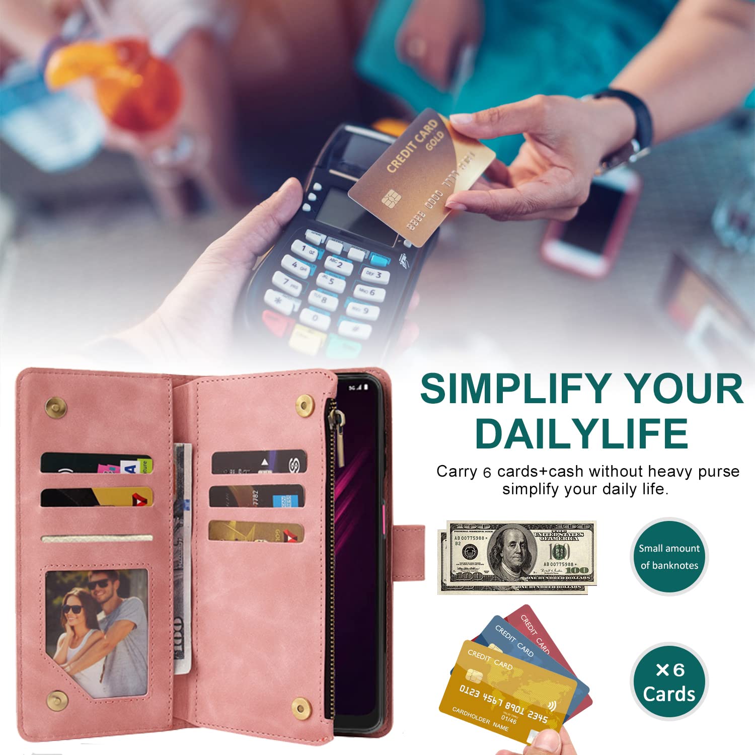 Premium PU Leather Zipper Flip Wallet Case for T-Mobile REVVL 6/6X 5G - RFID Blocking with Wrist Strap & Magnetic Closure | Protective Phone Cover for Daily Use, Travel & Business (Pink)