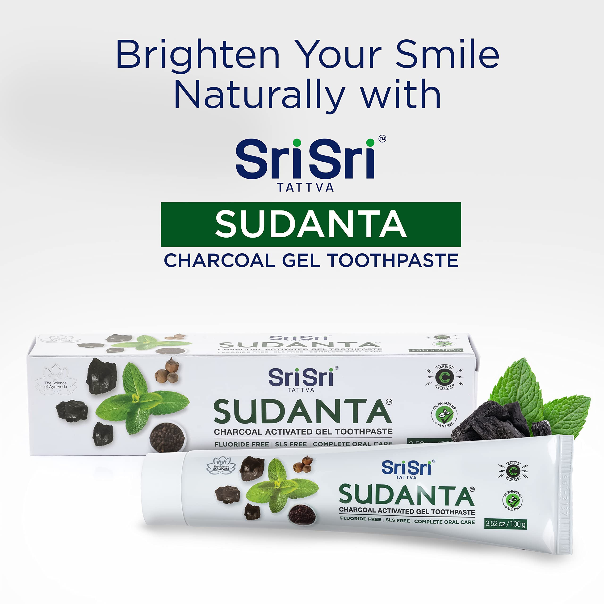 Sri Sri TATTVA Sudanta Activated Charcoal Toothpaste Gel - Natural Fluoride-Free Teeth Whitening, Gum Care & Fresh Breath | Sensitivity-Free Oral Care (100g) | Perfect for Daily Use, Travel & Eco-Friendly Lifestyle