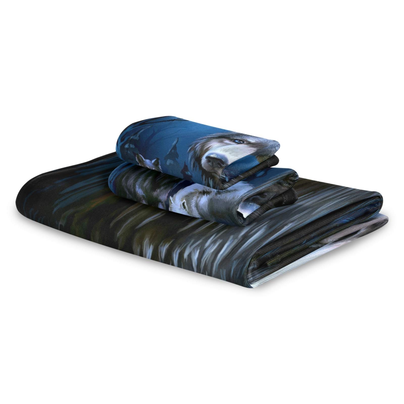 Premium 3-Piece Wolf & Moon Bath Towel Set - Ultra Soft & Absorbent (1 Bath Towel, 1 Hand Towel, 1 Washcloth) for Bathroom, Kitchen, Gym & Beach - ALAZA Animal Themed Luxury Towels