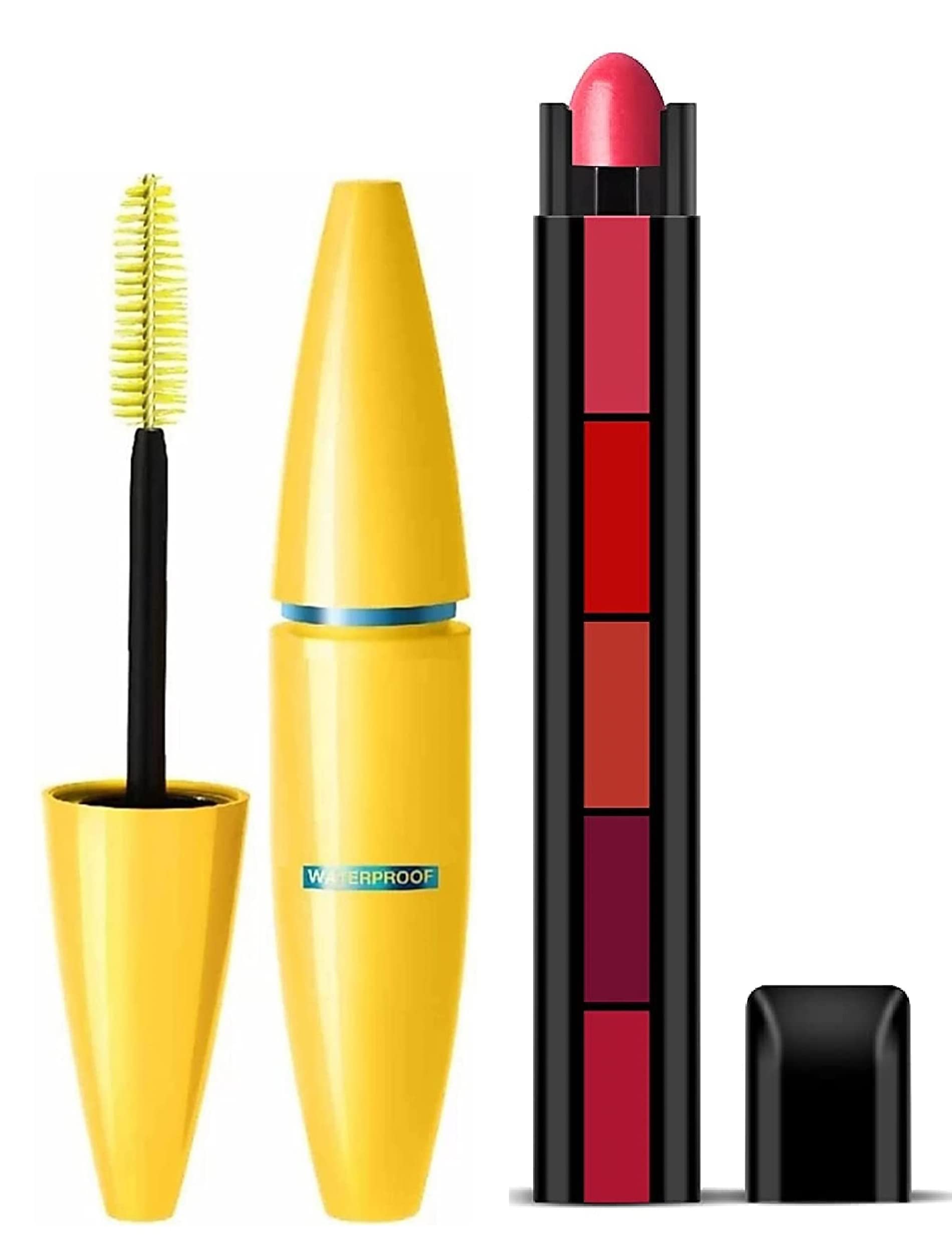 Lenon Beauty Black Mascara & 5-Step Red Lipstick Set (Pack of 2) - Perfect for Everyday Makeup and Special Occasions