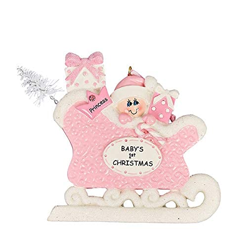 Personalized Baby's First Christmas Ornament - Newborn Sleigh Hanging Tree Decoration - Custom Baby Gift for 1st Christmas (Pink Sleigh Design) - Perfect for Baby's First Christmas, Holiday Decor & Newborn Keepsake Gifts