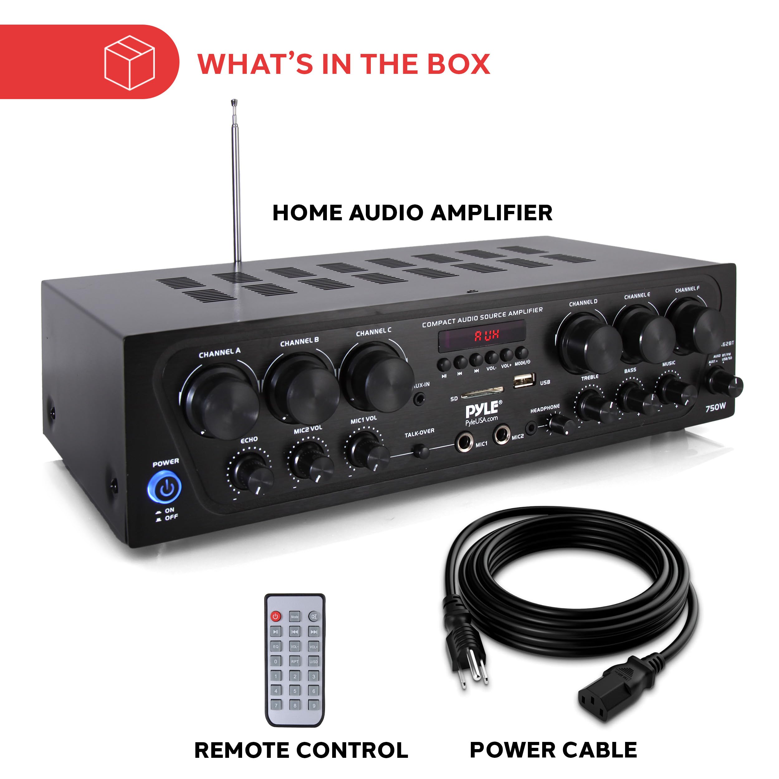 Pyle Wireless Bluetooth Home Audio Amplifier System - 6 Channel 750W Power Stereo Receiver with USB, Micro SD, Headphone Jack & Dual Mic Inputs with Echo, Talkover - Perfect for Home Theater, Karaoke Parties & PA Systems - PTA62BT.5