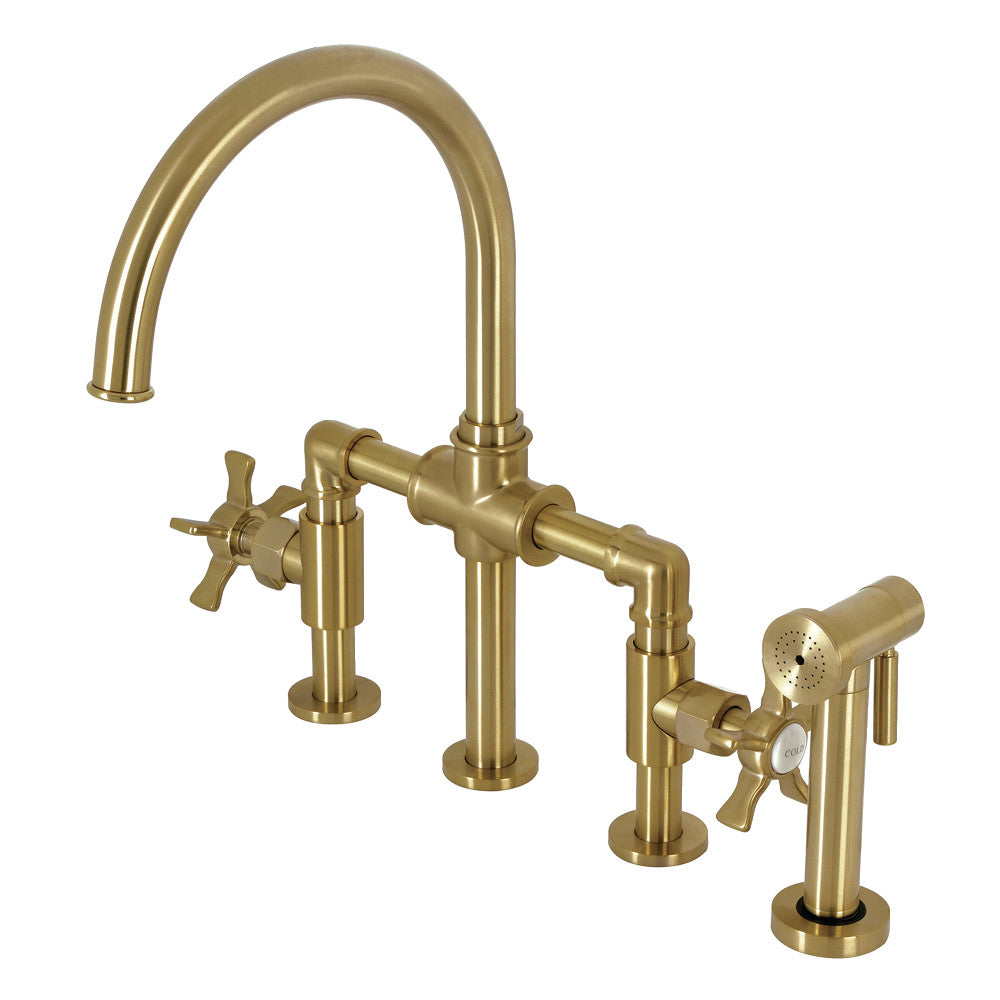 Industrial Style Bridge Kitchen Faucet with Brass Sprayer - Vintage Brass Pull Down Sprayer Faucet for Farmhouse & Modern Kitchens | Perfect for Cooking, Washing Dishes & Food Prep