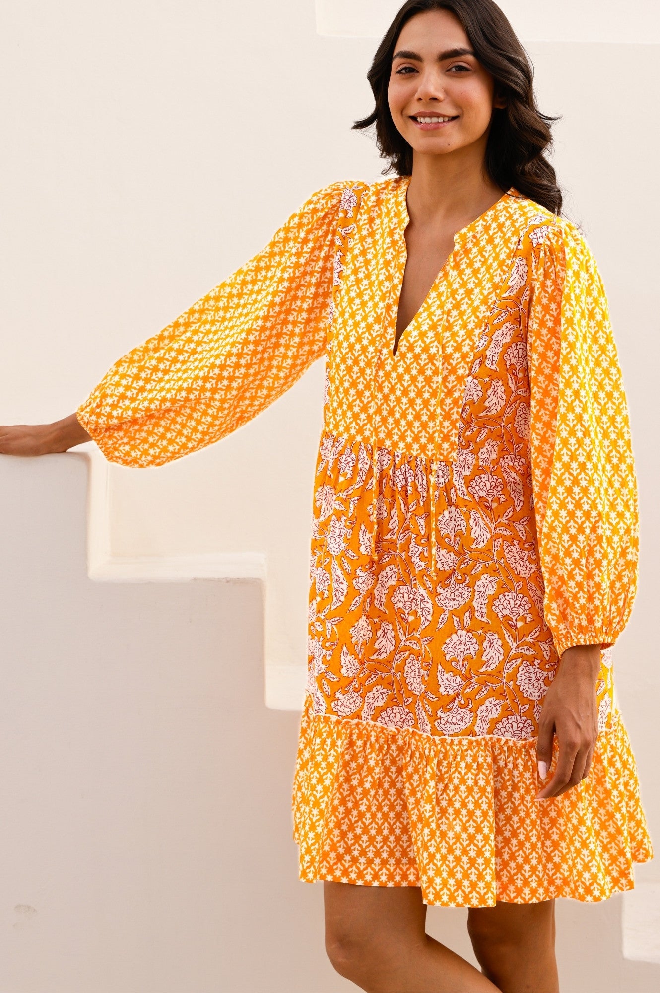 Marina Organic Cotton Print Mix Dress - Dianthus Floral Yellow & White | Summer Casual Wear, Beach Outfit, Boho Style Dress for Women