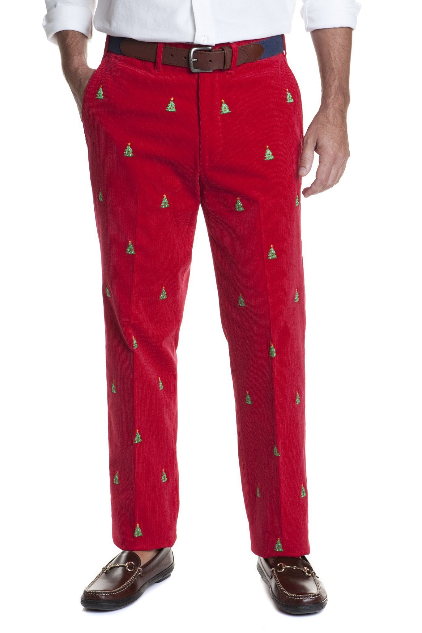 Beachcomber Corduroy Pants for Women - Crimson Red Christmas Tree Print Casual Trousers | Holiday Party Outfit, Winter Fashion, Christmas Gift