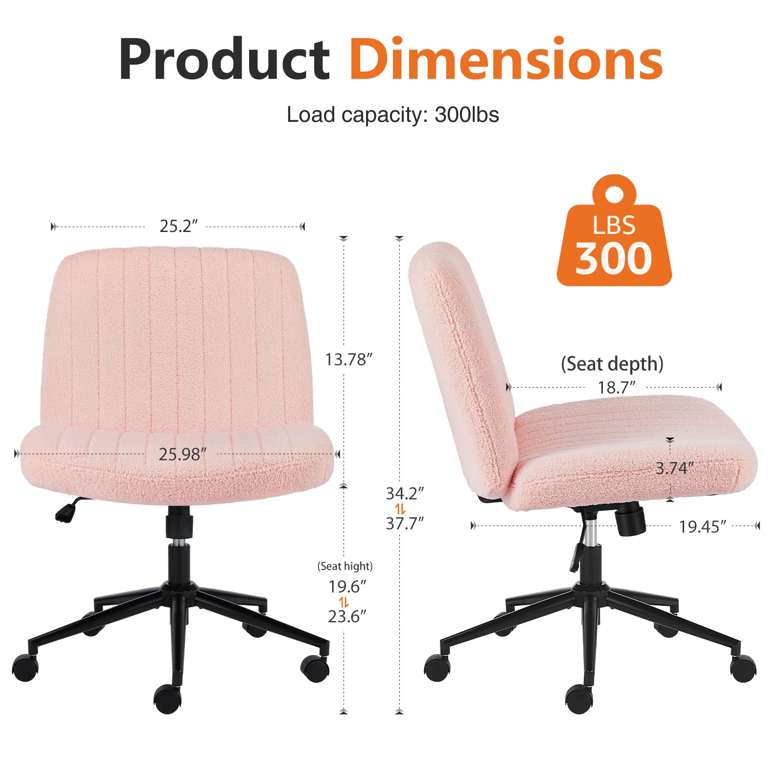 Sweetcrispy Criss Cross Chair Legged Armless Office Desk Chair with Wheels - Swivel, Height Adjustable, Wide Seat Computer Task Chair for Home & Office - Teddy Pink - Perfect for Workstations, Gaming & Study Spaces