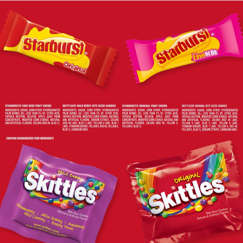 **Wrigley's Assorted Candy Variety Pack - Skittles Original, Skittles Wild Berry, Starburst Original & Starburst FaveReds Fun Size Chewy Candy - 32.28 Oz Jumbo Bulk Bag - Perfect for Halloween, Parties, Office Snacks & Movie Nights**