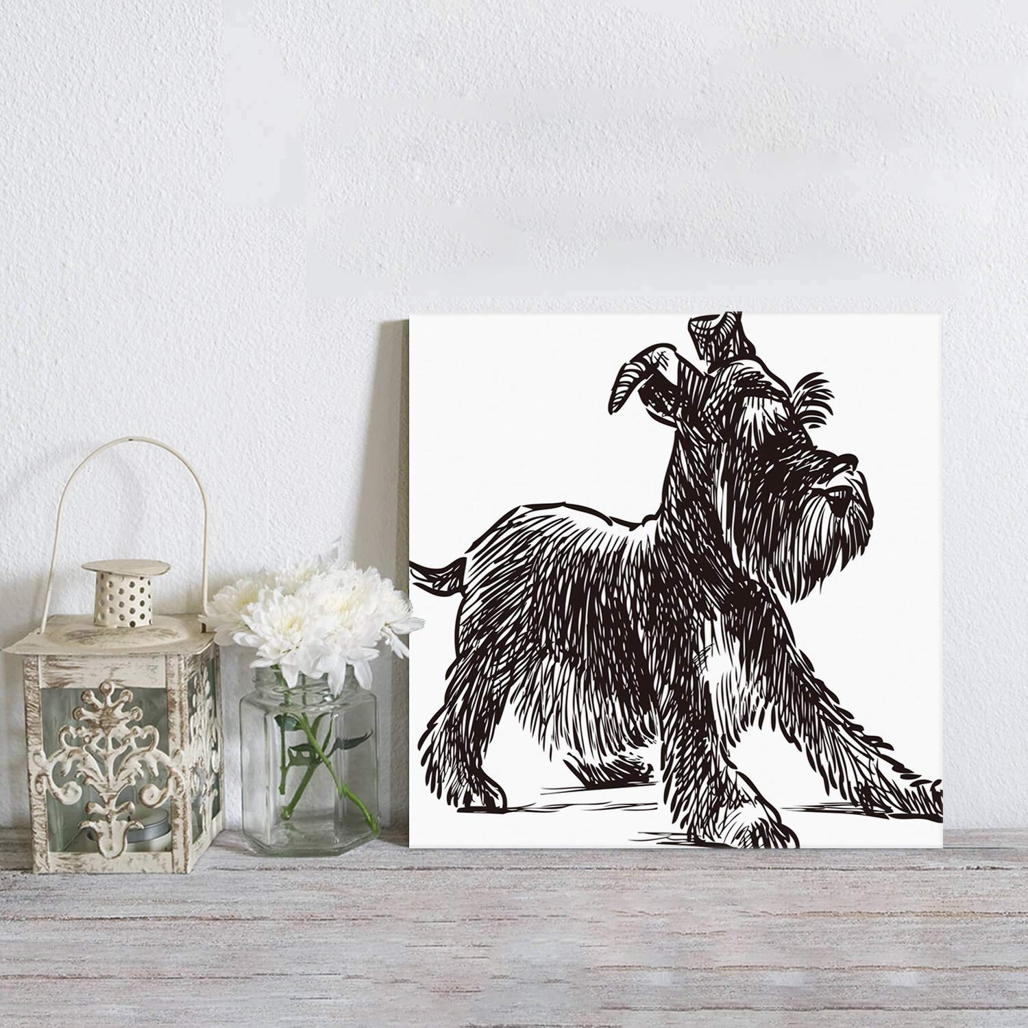 Miniature Schnauzer Canvas Wall Art - Framed Black & White Puppy Painting - Ready to Hang Bathroom Decor - Modern Minimalist Dog Artwork for Home, Office & Nursery Decor
