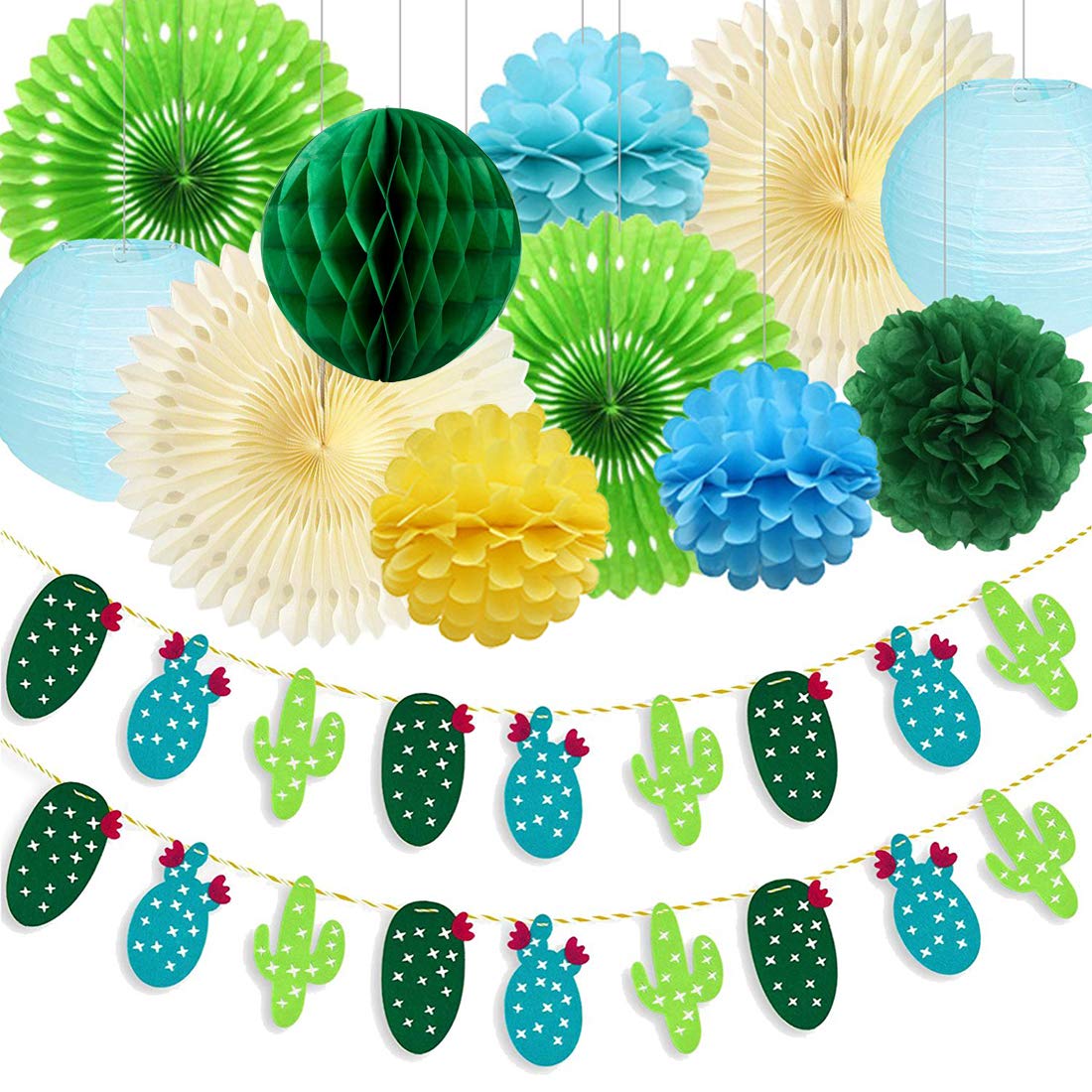 Vibrant Summer Cactus Banner Garland with Tissue Paper Fan Flowers & Paper Lanterns - Tropical Party Decor for Birthday, Luau, Hawaii Theme Events | Perfect for Backyard Celebrations, Beach Weddings & Summer Festivals