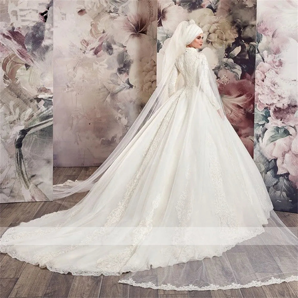 Elegant Muslim A-Line Long Sleeve High Neck Tulle Lace Beaded Wedding Gown - Perfect for Islamic Nikah Ceremony, Modest Bridal Wear & Formal Occasions