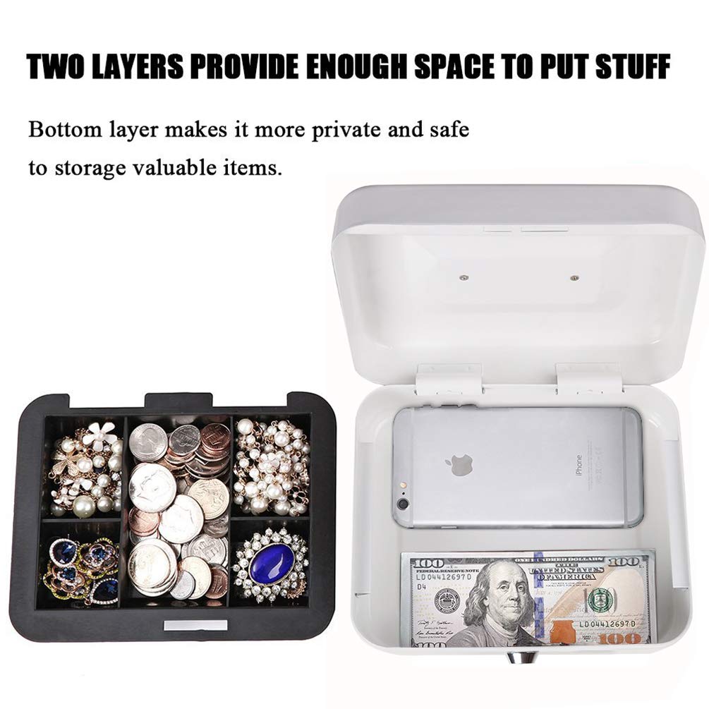Jssmst Small Cash Box with Key Lock - Durable Metal Money Storage Box with Removable Tray for Home, Office & Retail Use (White, Model CB0105M) - Perfect for Cash Management, Small Business & Personal Savings