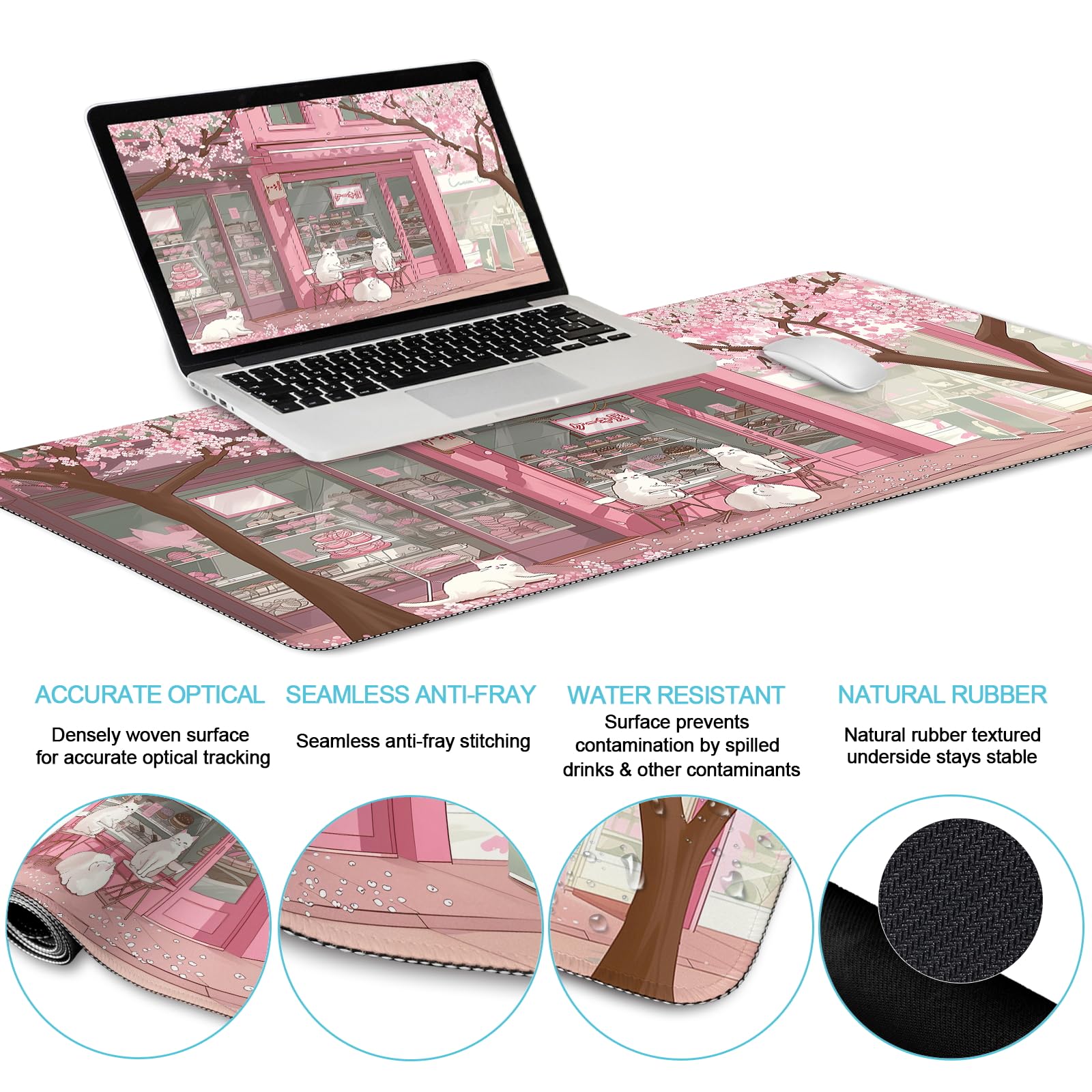 Anime Cat XXL Gaming Mouse Pad Set with Wrist Rest, Keyboard Mat & Cat Coaster - Cute Pink Lycra Office Desk Accessories for Gamers & Anime Fans | Perfect for PC Gaming, Workstation Setup & Home Office Decor