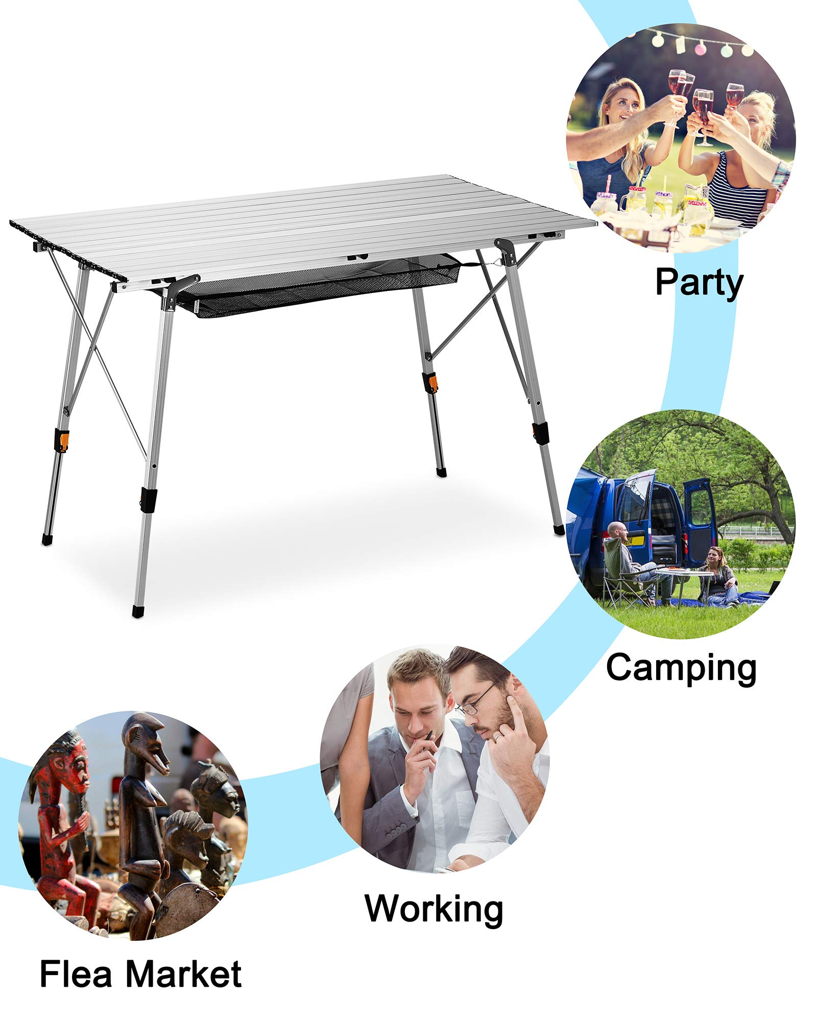 FiveJoy Adjustable Height Folding Camping Table - Portable Outdoor Picnic Table with Aluminum Legs & Mesh Layer - Perfect for Beach, Backyard, BBQ, Camping & Outdoor Kitchen Activities