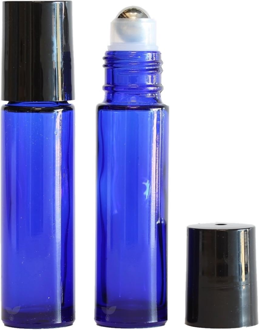 3-Pack Blue Glass Roller Bottles for Essential Oils - 10ml Leakproof Roll-On Bottles with Stainless Steel Balls - Perfect for DIY Perfume, Aromatherapy & Under Eye Serums - Travel-Friendly Essential Oil Containers