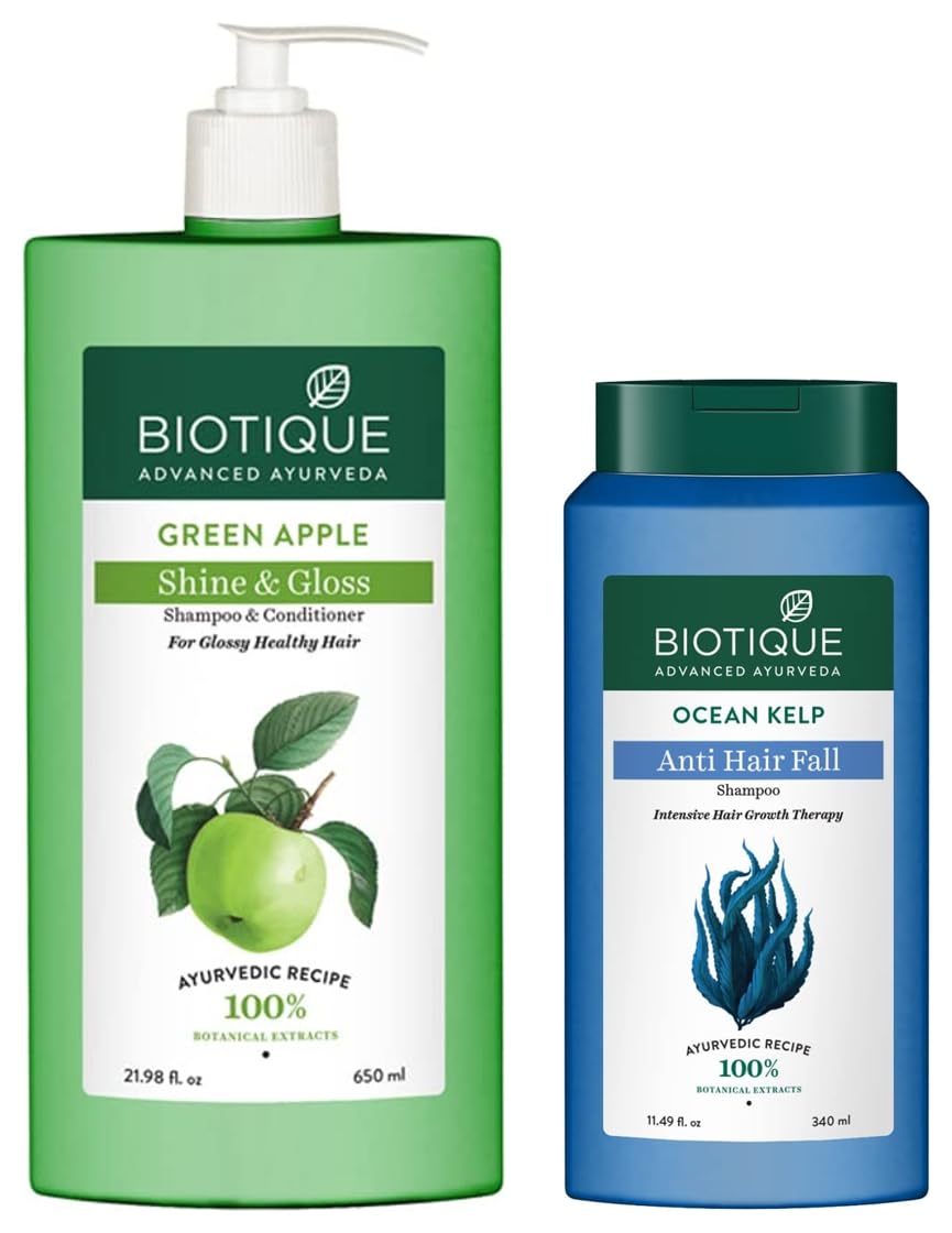 Biotique Bio Kelp Protein Shampoo for Hair Loss Treatment & Regrowth - 340ml | Biotique Bio Green Apple Purifying Shampoo & Conditioner Set for Oily Scalp - 650ml | Daily Hair Care for Thicker, Healthier Locks | Perfect for Men & Women with Thinning or Greasy Hair