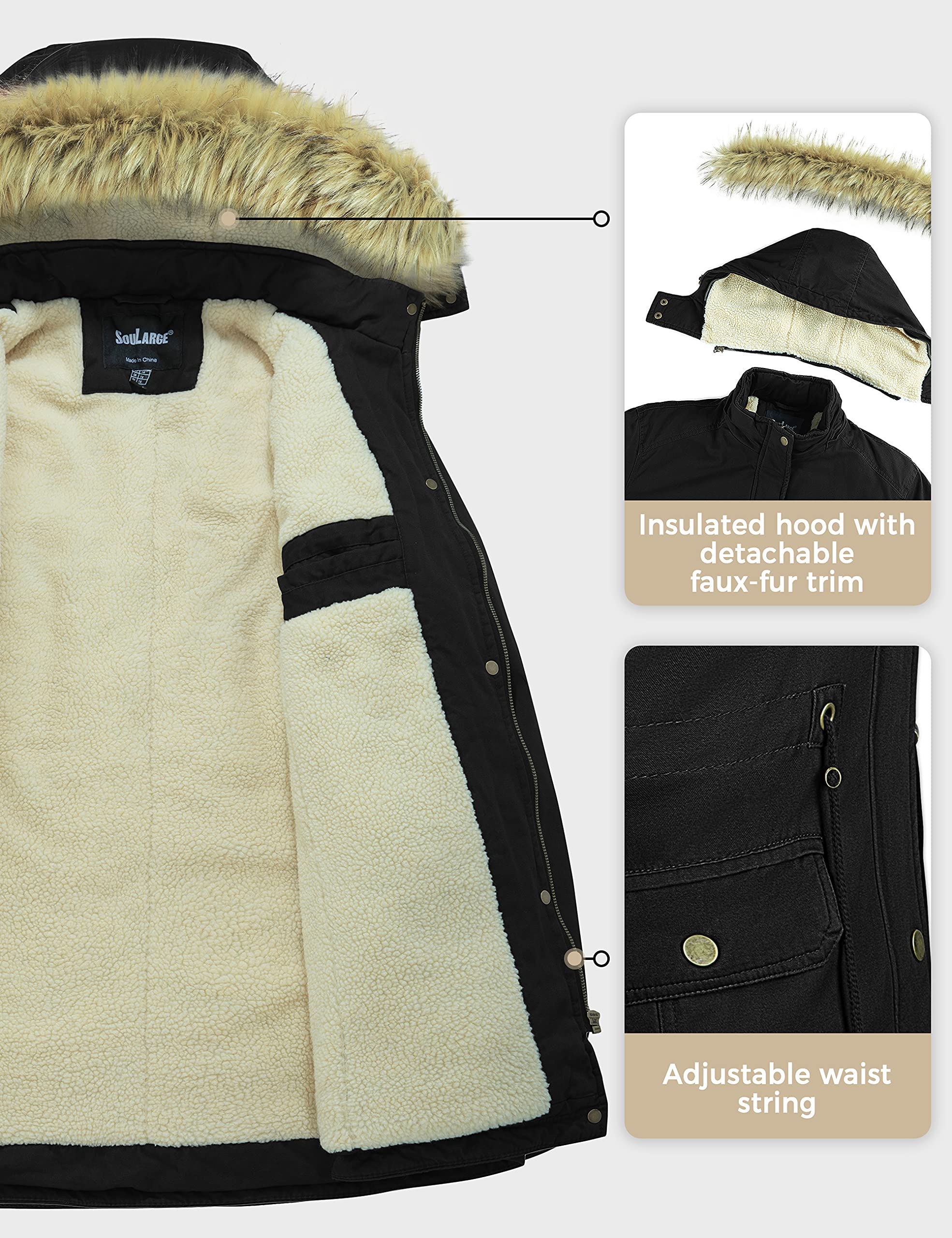 Soularge Women's Plus Size Winter Coat with Sherpa Lining & Detachable Hood - Warm Fleece Jacket for Cold Weather, Outdoor Activities & Casual Wear
