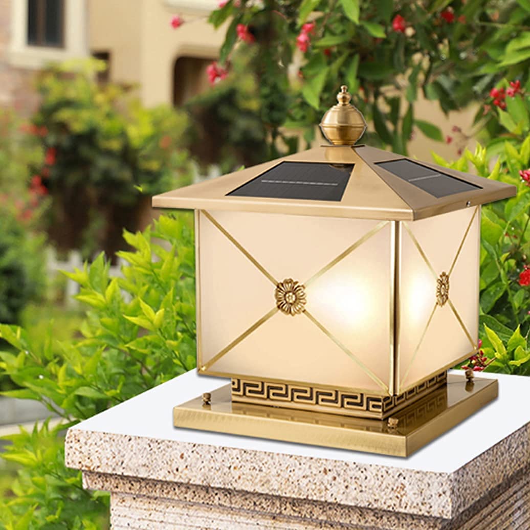Solar Post Lights with Little Flowers - LED Powered, Waterproof Outdoor Wall Lights, Dusk to Dawn Auto On/Off, European Style Square Copper Pillar Torch Lights for Garden, Pathway, Patio, and Yard Decoration