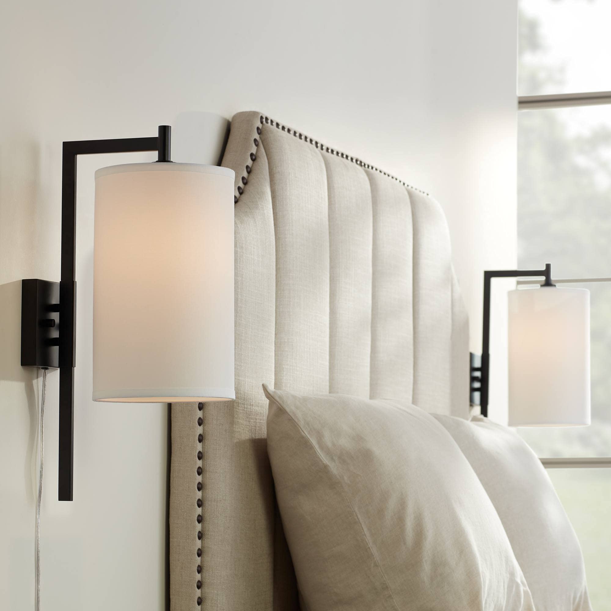 Possini Euro Bixby Modern Wall Mounted Plug-in Sconce Set of 2 - Black Metal Frame with White Fabric Drum Shades for Bedroom, Living Room, Hallway - Perfect for Reading, Ambient Lighting & Home Decor