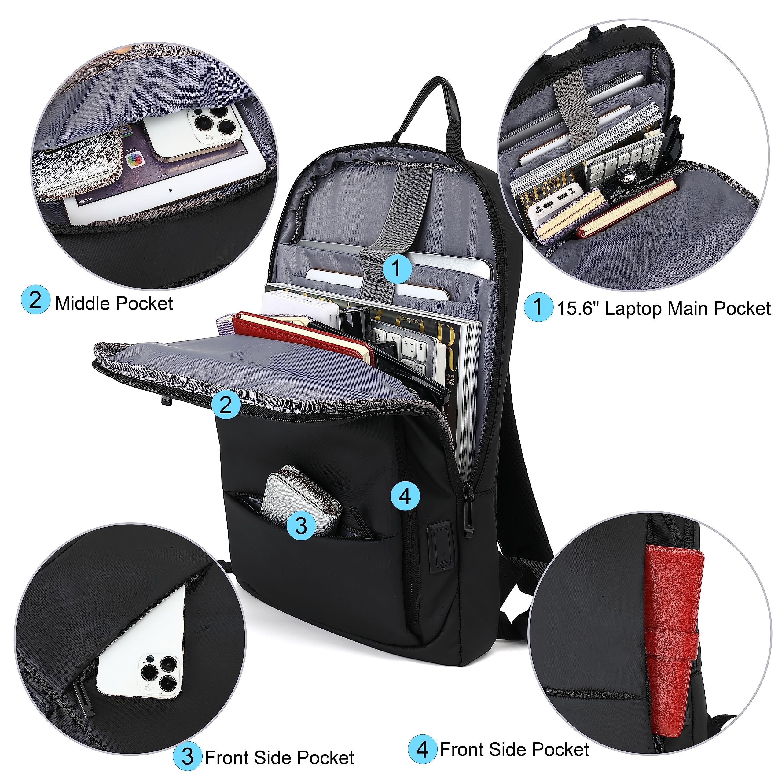 AUGUR Slim Business Backpack for Men & Women - 15.6 Inch Water Resistant Laptop Backpack with USB Charging Port - Lightweight Travel Backpack for Work, School, College - Perfect for Commuting, Business Trips & Daily Use