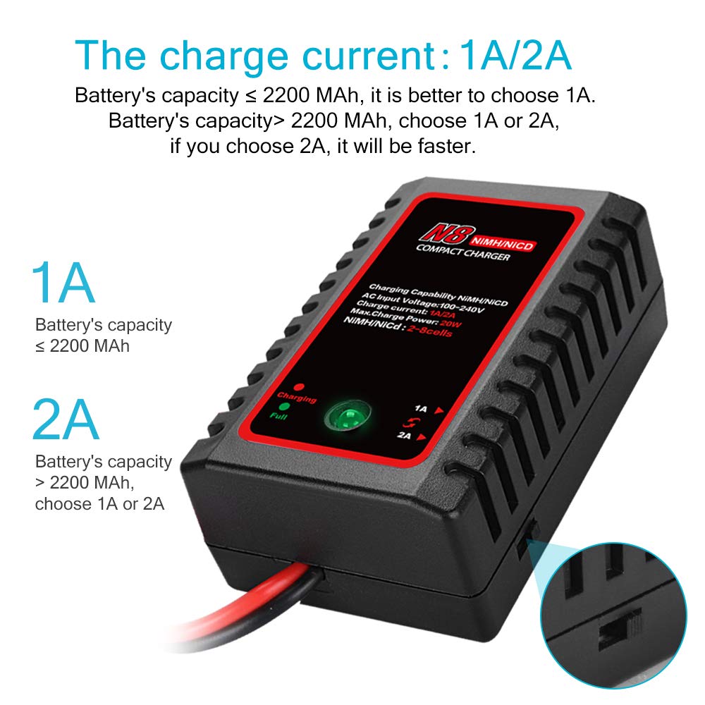 2-8s NiMH/NiCd Battery Charger with Tamiya Connector - 1000mA/2000mA Charging Current for RC Cars, Boats & Hobbies | Fast Charging for RC Vehicles & Remote Control Toys