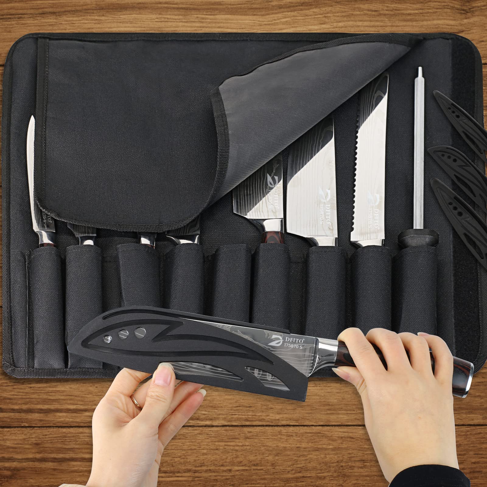 Premium 9-Piece Professional Chef Knife Set with Roll Bag - High Carbon Stainless Steel Kitchen Knives with Red Pakkawood Handle - Dishwasher Safe - Perfect for Home Cooks, Culinary Students & Professional Chefs - Ideal for Slicing, Dicing & Food Prep