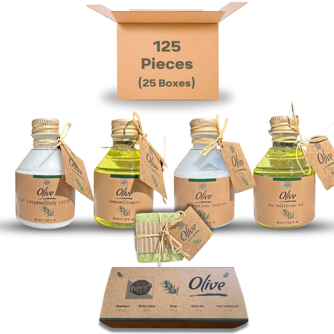 Olive Blossom Turkish Bath Travel Size Toiletries Set - 1.5 fl oz Shampoo, Shower Gel, Hair Conditioner, Body Lotion & Soap | Spa & Hotel Amenities Kit (125 Pieces Boxed) | Perfect for Travel, Gifts & Luxury Hospitality Services