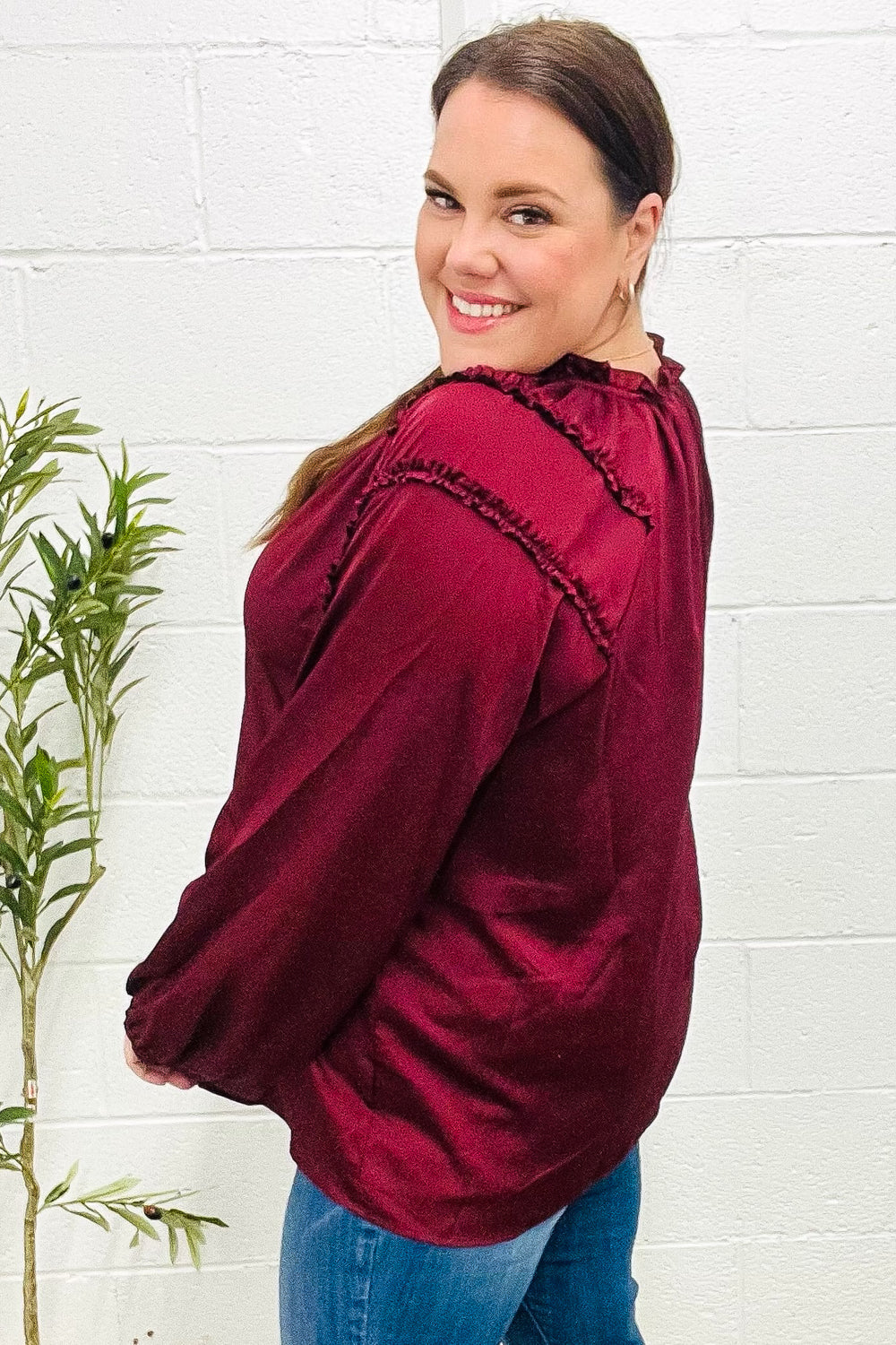 Elegant Burgundy Satin Blouse with Frill Detail & Tie Neck - Perfect for Holiday Parties & Special Occasions