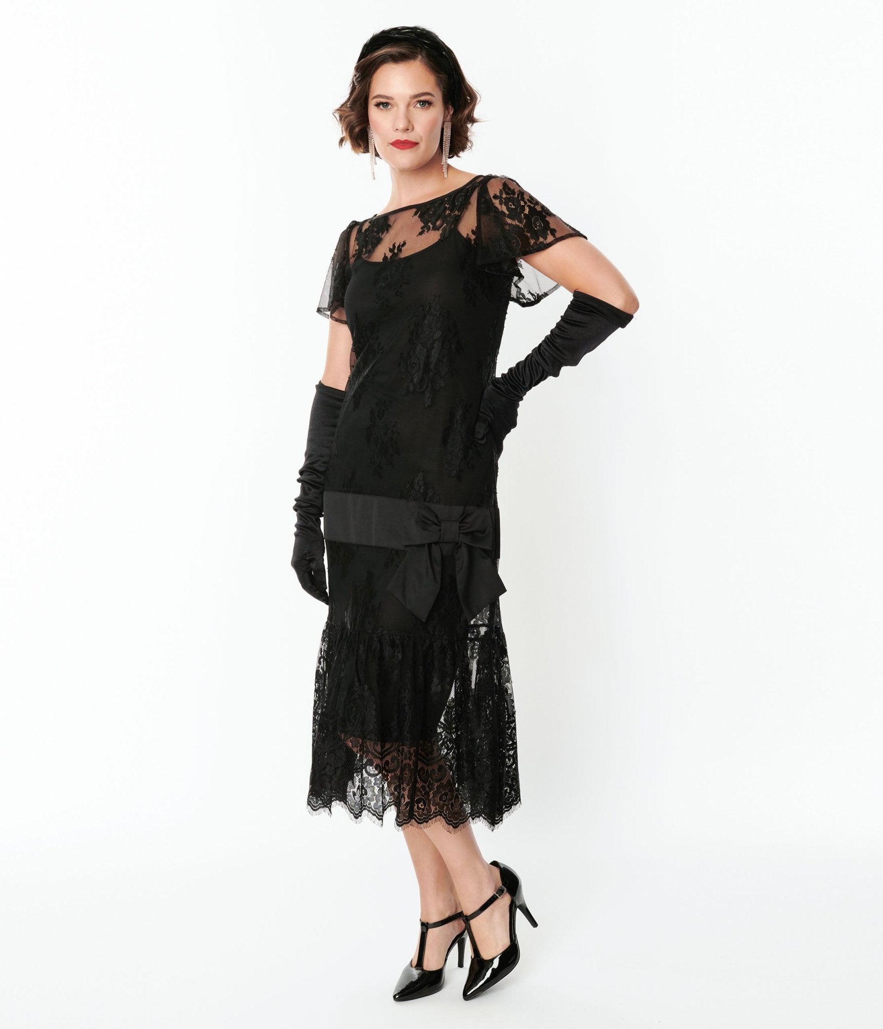Vintage 1920s Black Lace Flapper Dress with Bow - Roaring Twenties Gatsby Party Costume, Halloween Outfit & Retro Themed Events