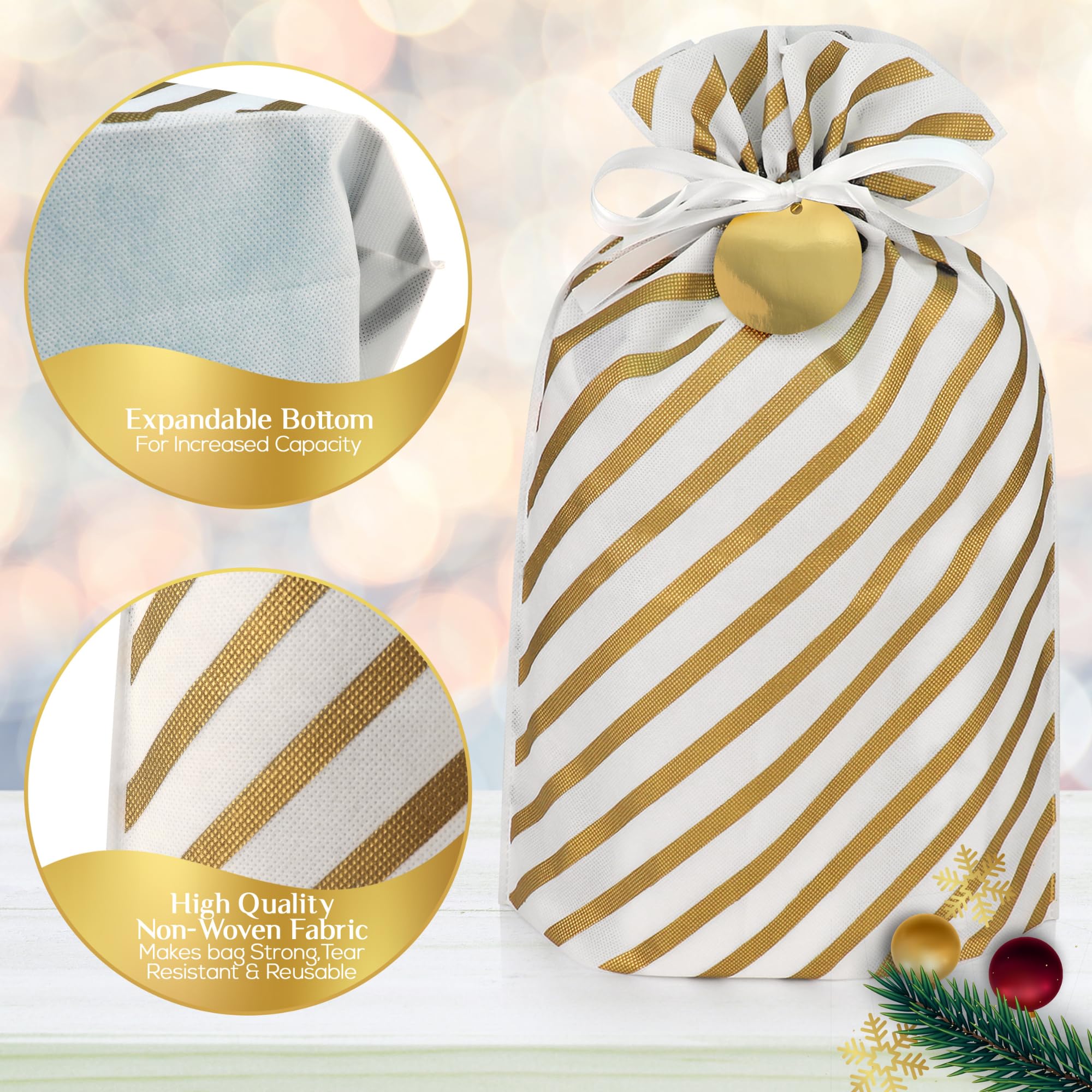 6-Piece Reusable Christmas Fabric Gift Bags with Drawstring - Large Holiday Present Wrapping Bags in Gold (Assorted Sizes) - Perfect for Holiday Gifts, Party Favors & Stocking Stuffers