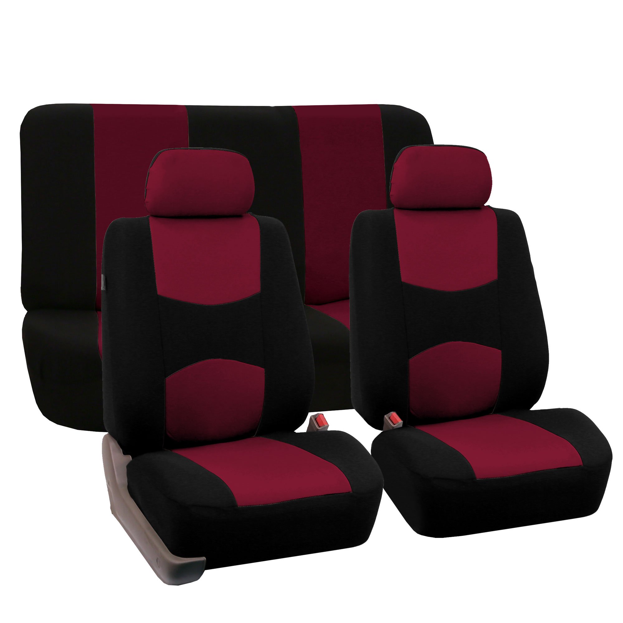 TLH Automotive Universal Fit Car Seat Covers Full Set - Premium Flat Cloth Seat Covers, Burgundy Steering Wheel Cover & Seat Belt Pads Combo for Cars, Trucks & SUVs | Durable Interior Accessories for Comfort & Style