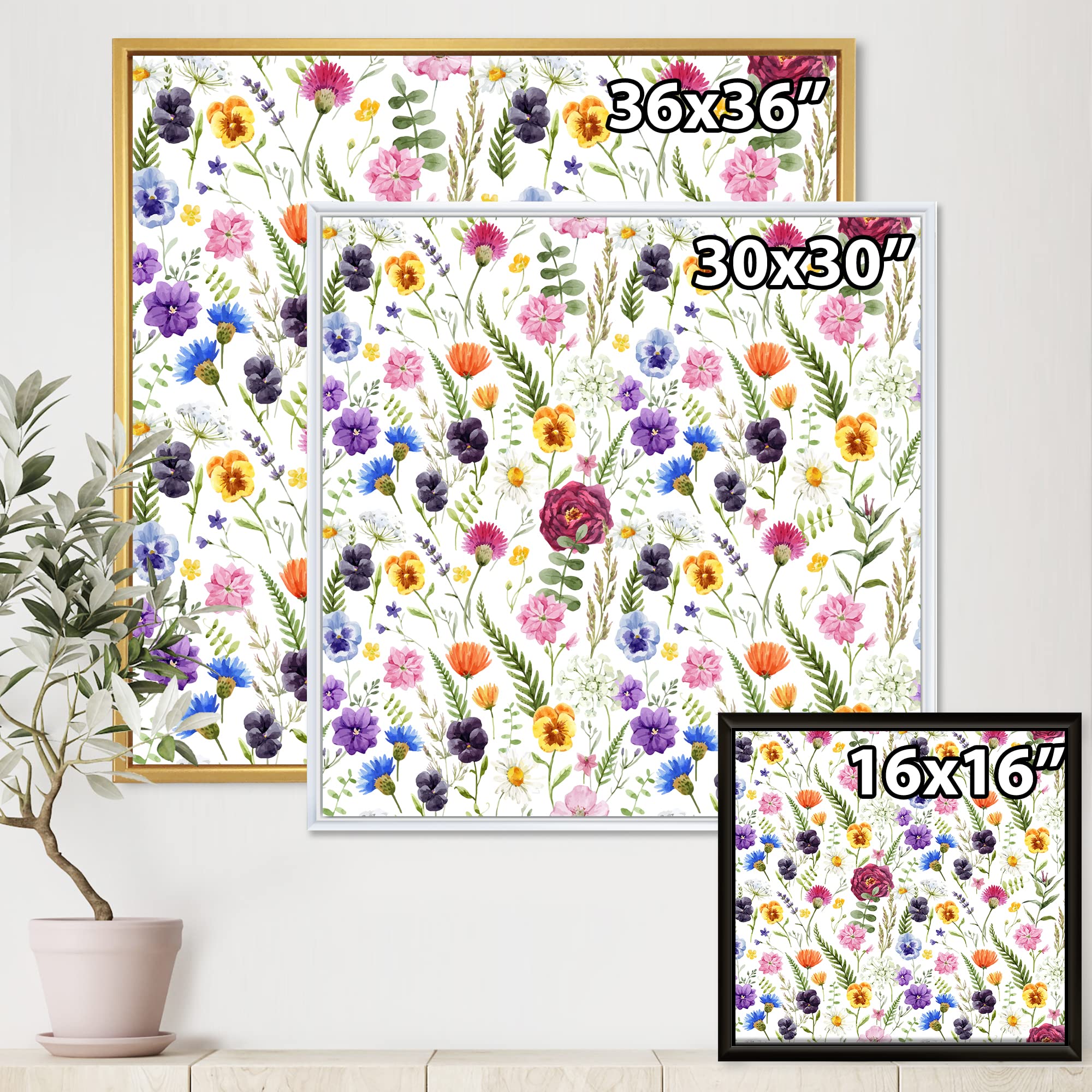 DesignQ Wildflowers Floral Pattern II - Traditional Framed Canvas Wall Art Print for Living Room, Bedroom & Office Decor