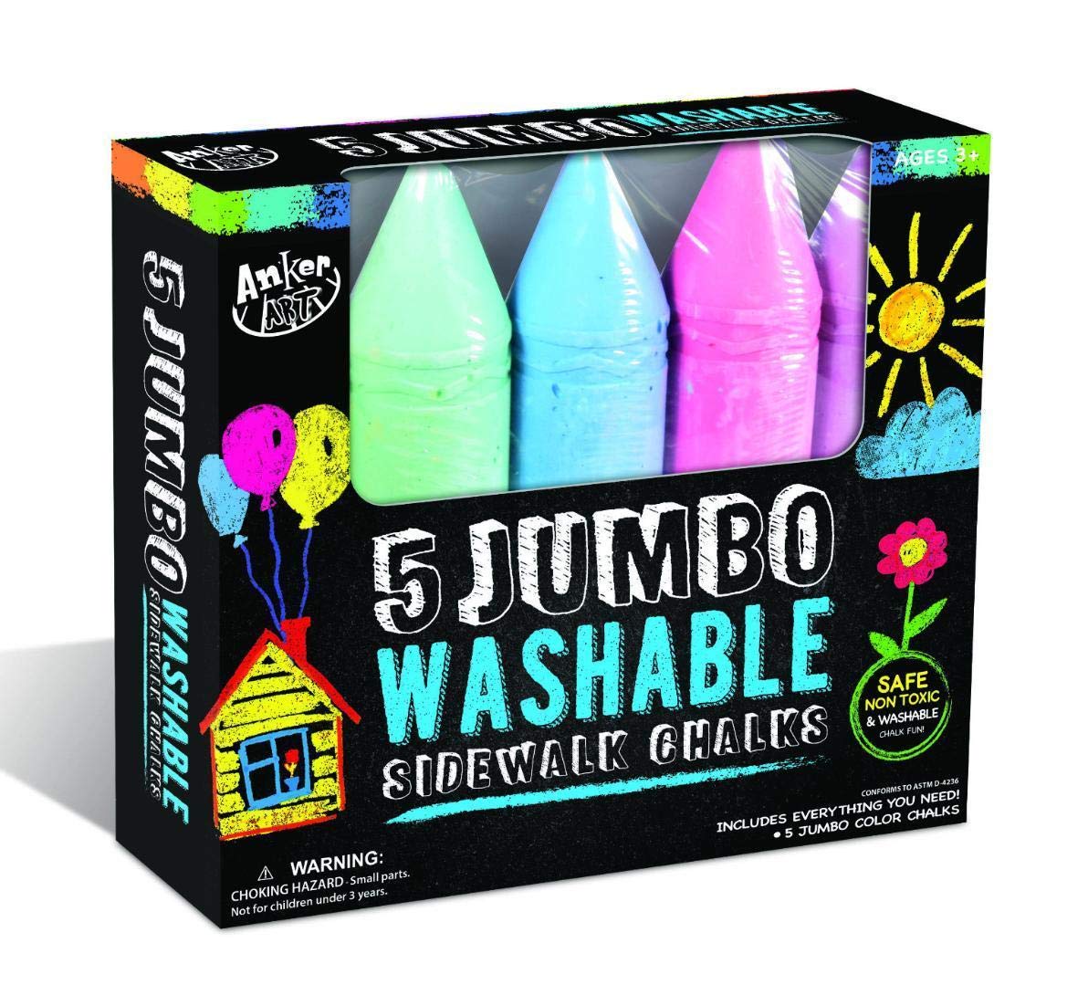 12-Pack Jumbo Washable Sidewalk Chalk Sticks (5 Colors) - Non-Toxic Outdoor Chalk for Kids, Driveway Art, Hopscotch & Summer Activities