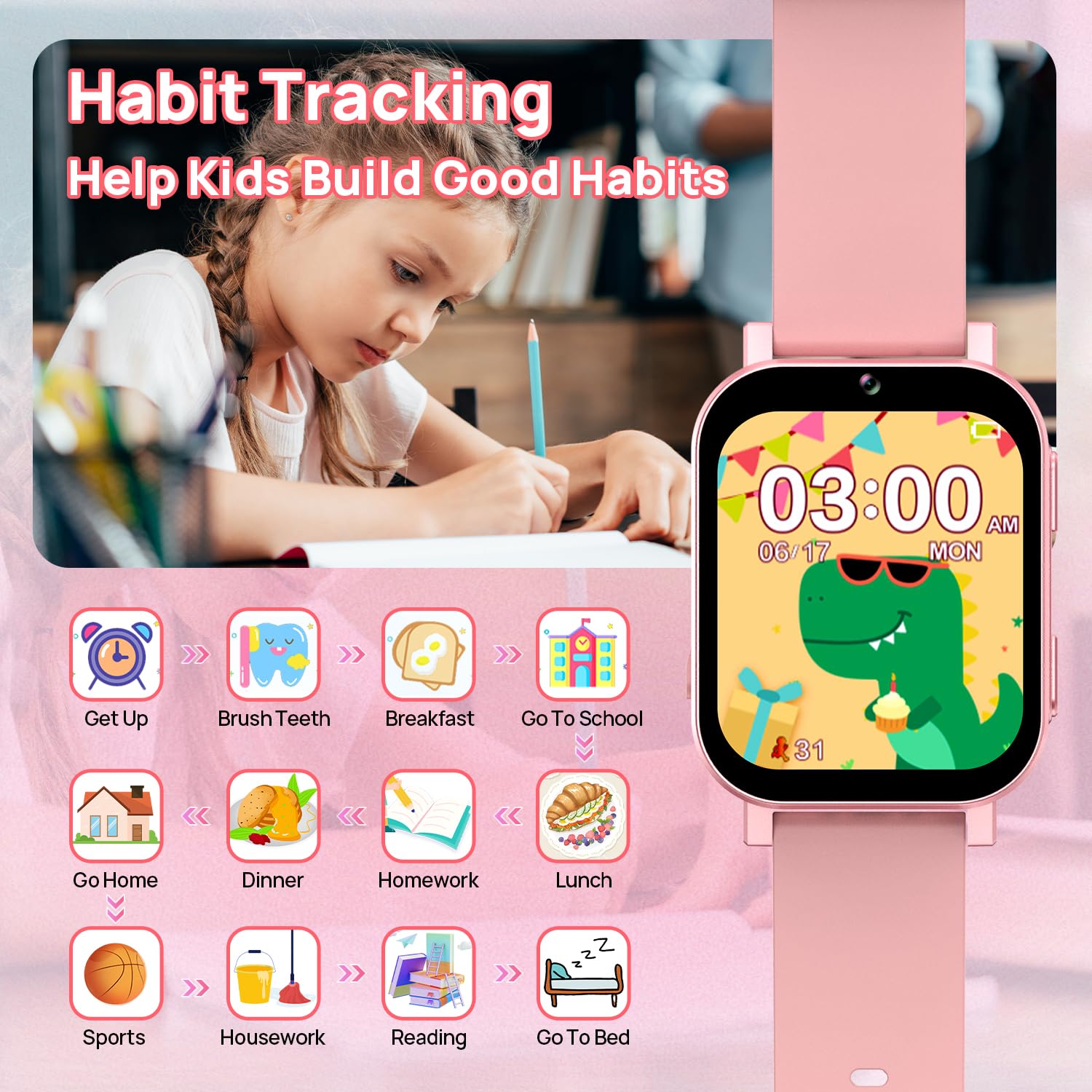 Kids Smart Watch with 30 Games, Alarm, Camera, Video Recorder & Music Player - Calculator, Calendar, Flashlight, Stopwatch & Pedometer - Perfect Gift for Boys & Girls Ages 3-12 (Pink) - Great for Playtime, Learning & Outdoor Activities