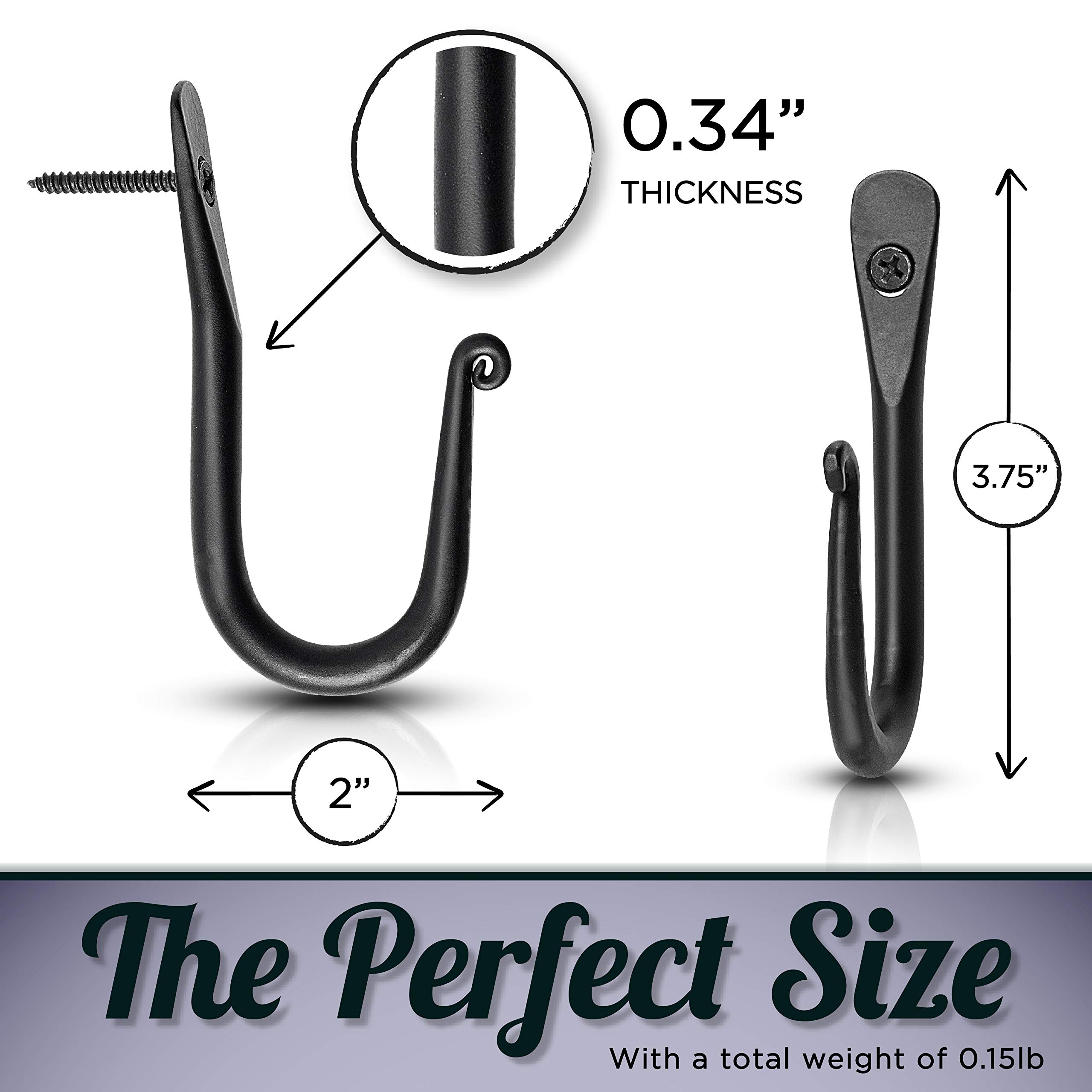 Decorative Wall Hooks for Hanging Coats, Hats, Bags & Towels - Heavy Duty Wrought Iron Hooks - Pack of 5 Black Hooks (2 x 0.35 x 3.75 Inches) - Perfect for Entryway, Bathroom & Kitchen Organization