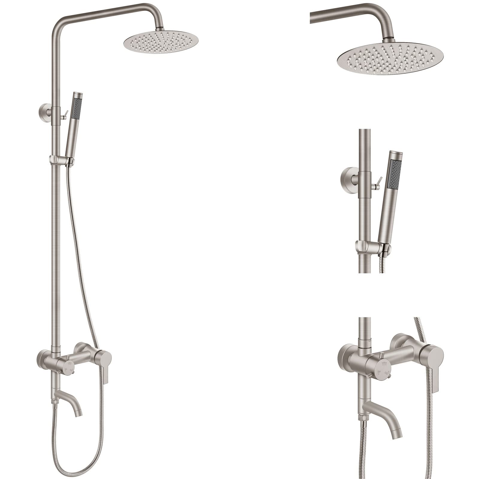 Aolemi 8 Inch Stainless Steel Shower Faucet Set - SUS304 Rainfall Shower Head with Hand Spray, 3 Function Combo, Brushed Nickel Finish - Perfect for Outdoor, Garden, and Patio Use