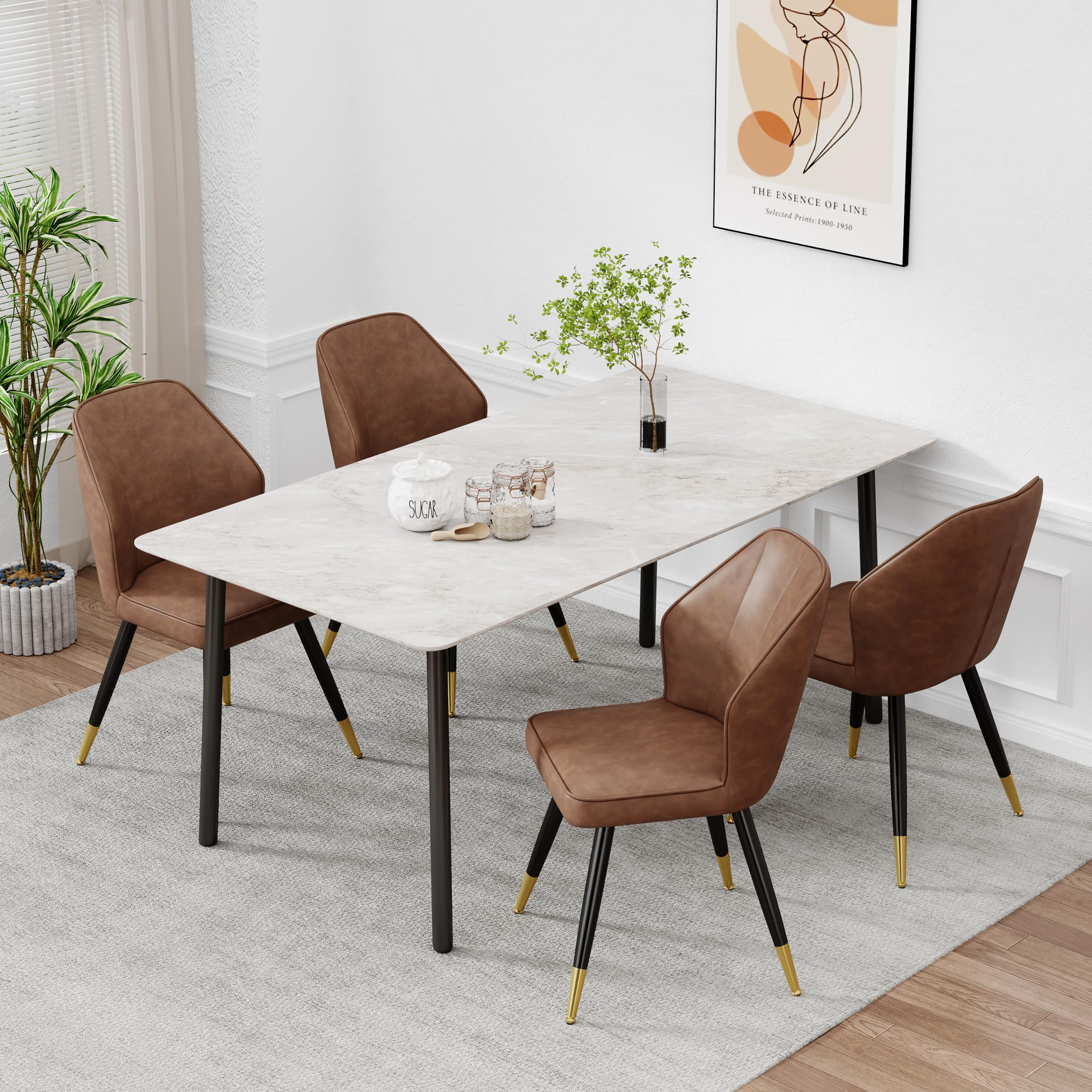 Andeworld Set of 2 Mid Century Modern Upholstered Dining Chairs - Faux Leather Armless Side Chairs with Golden Metal Legs for Dining Room, Living Room, Kitchen & Office - Brown Accent Chairs for Home Decor