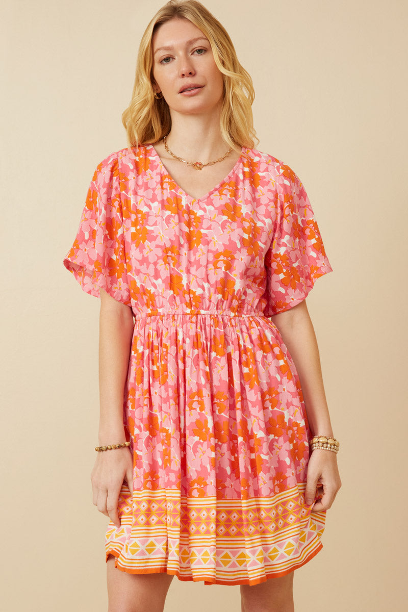 Women's Floral Print V-Neck Dress with Bordered Hem - Elegant Summer Dress for Casual Outings, Beach Vacations & Date Nights