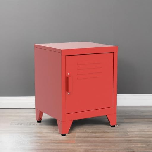 HOMCOM Industrial End Table with Locker-Style Door & Adjustable Shelf - Sturdy Living Room Side Table in Red | Perfect for Small Spaces, Bedroom, Dorm & Office Organization