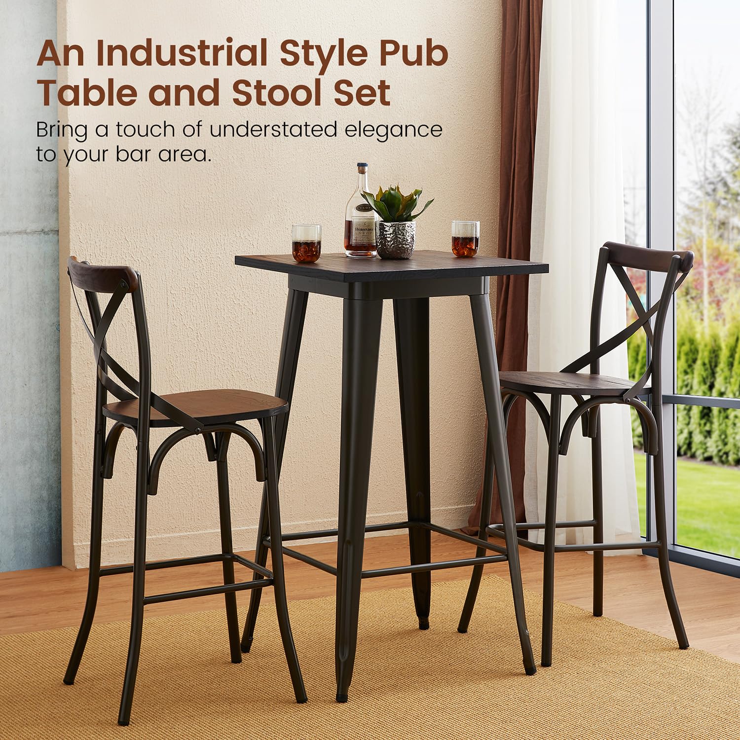 Glitzhome 3-Piece Rustic Steel Square Bar Table and High Back Bar Stools Set - Industrial Style Dining Table and Chairs for Kitchen, Pub, and Restaurant Use