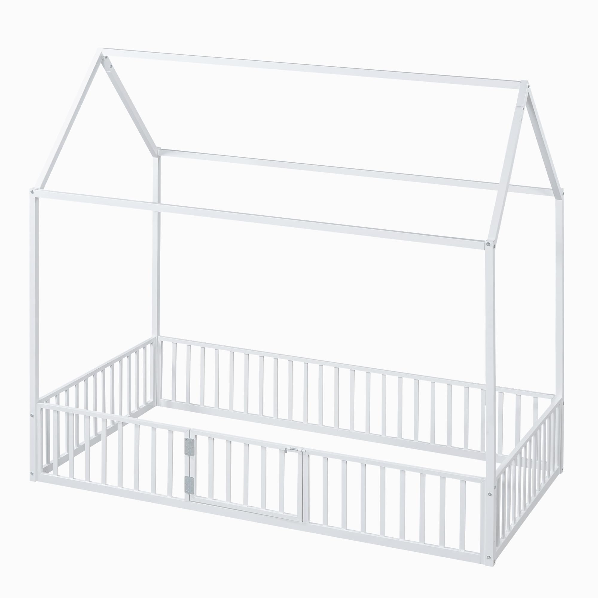 Bellemave Twin Floor Bed with Door and Fence - Montessori Kids Bed with Roof for Girls & Boys in White - Perfect for Toddler Rooms, Playrooms & Montessori Bedrooms