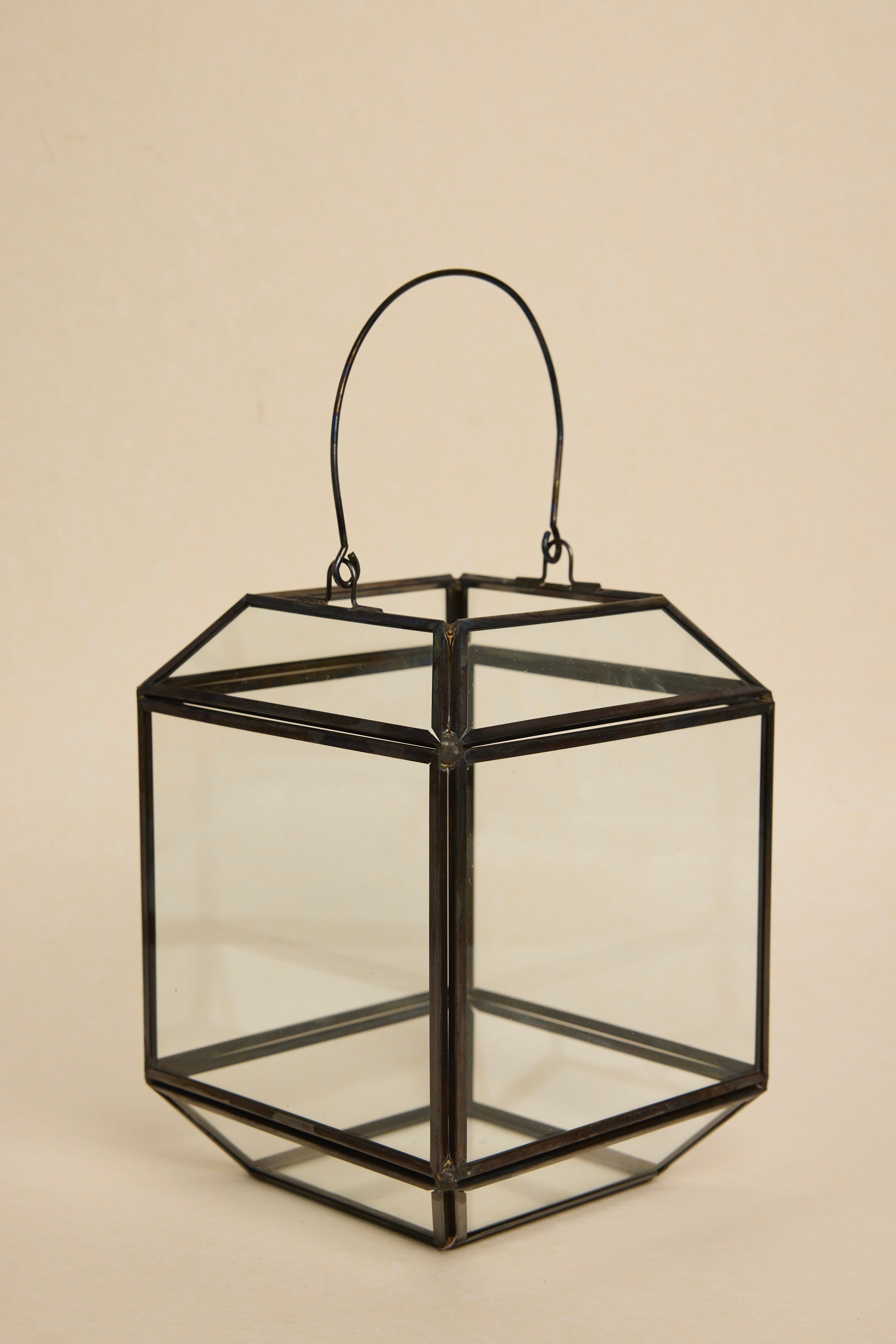 Black Metal Trim Glass Lantern - Vintage Style Hanging or Tabletop Decoration for Home, Garden, and Outdoor Parties