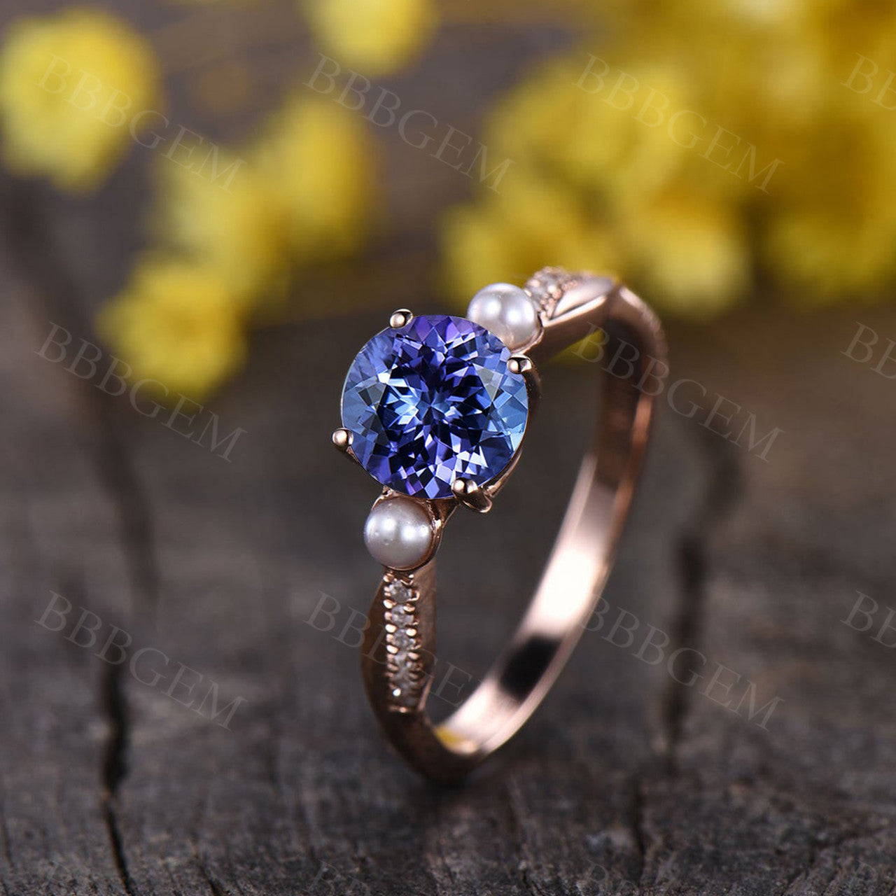 Exquisite Tanzanite Engagement Ring in Rose Gold with Pearl Accents - Perfect Wedding Band & Bridal Promise Ring for Romantic Proposals & Anniversaries