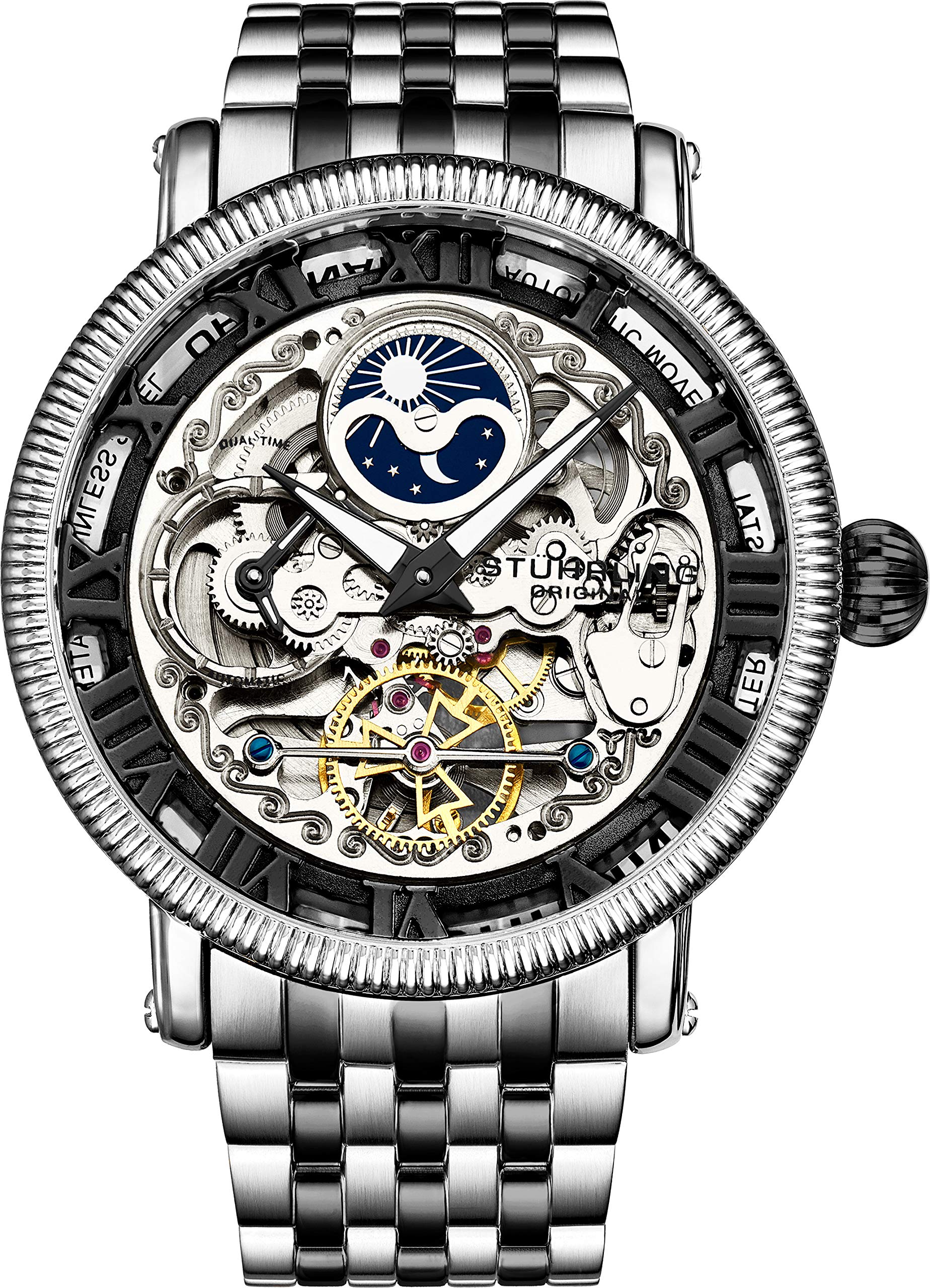 Stuhrling Original Men's Automatic Skeleton Watch with Analog Dial, Silver Accents, Dual Time & AM/PM Sun Moon Display - Stainless Steel Bracelet (Model 3922) | Perfect for Business, Formal Events & Luxury Gift Giving