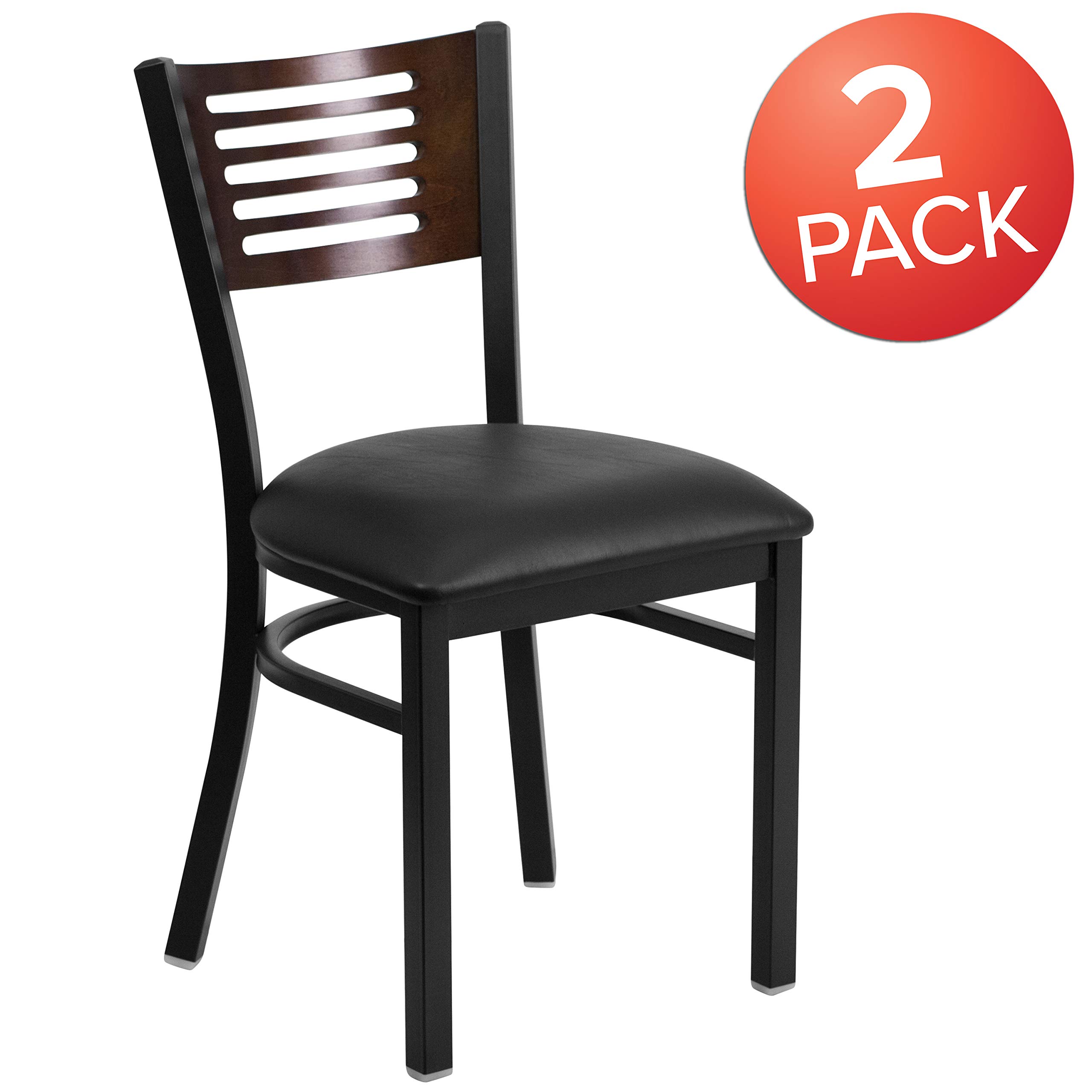 2 Pack Black Slat Back Metal Restaurant Chairs - Walnut Wood Back, Black Vinyl Seat - Durable Dining Chairs for Restaurants, Cafes, and Home Kitchens
