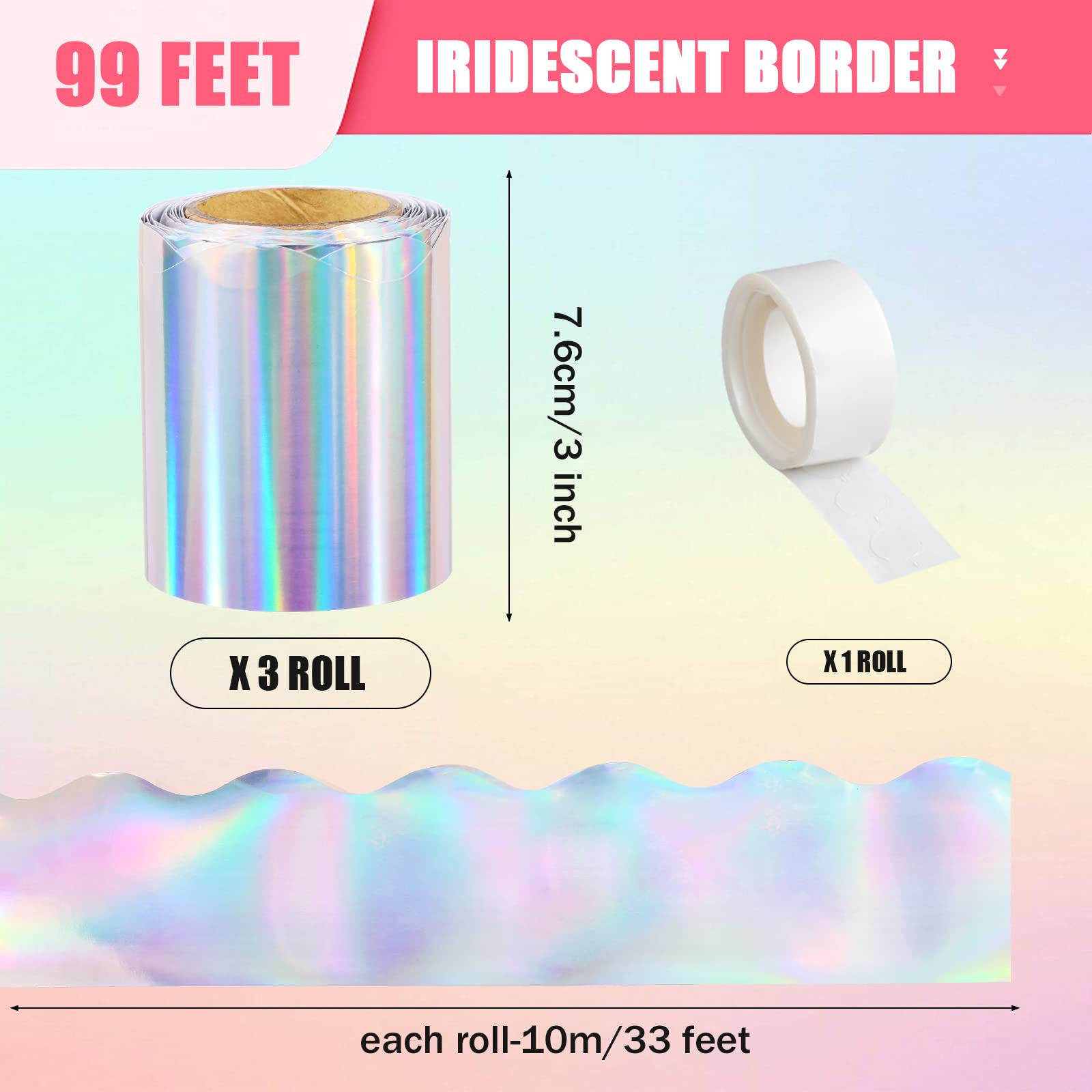 99 Feet Iridescent Bulletin Board Borders - Holographic Scalloped Rolled Border Trim for Classroom, Birthday & Wedding Decor (3 Rolls) - Perfect for Back to School, Party Supplies & Wall Decorations