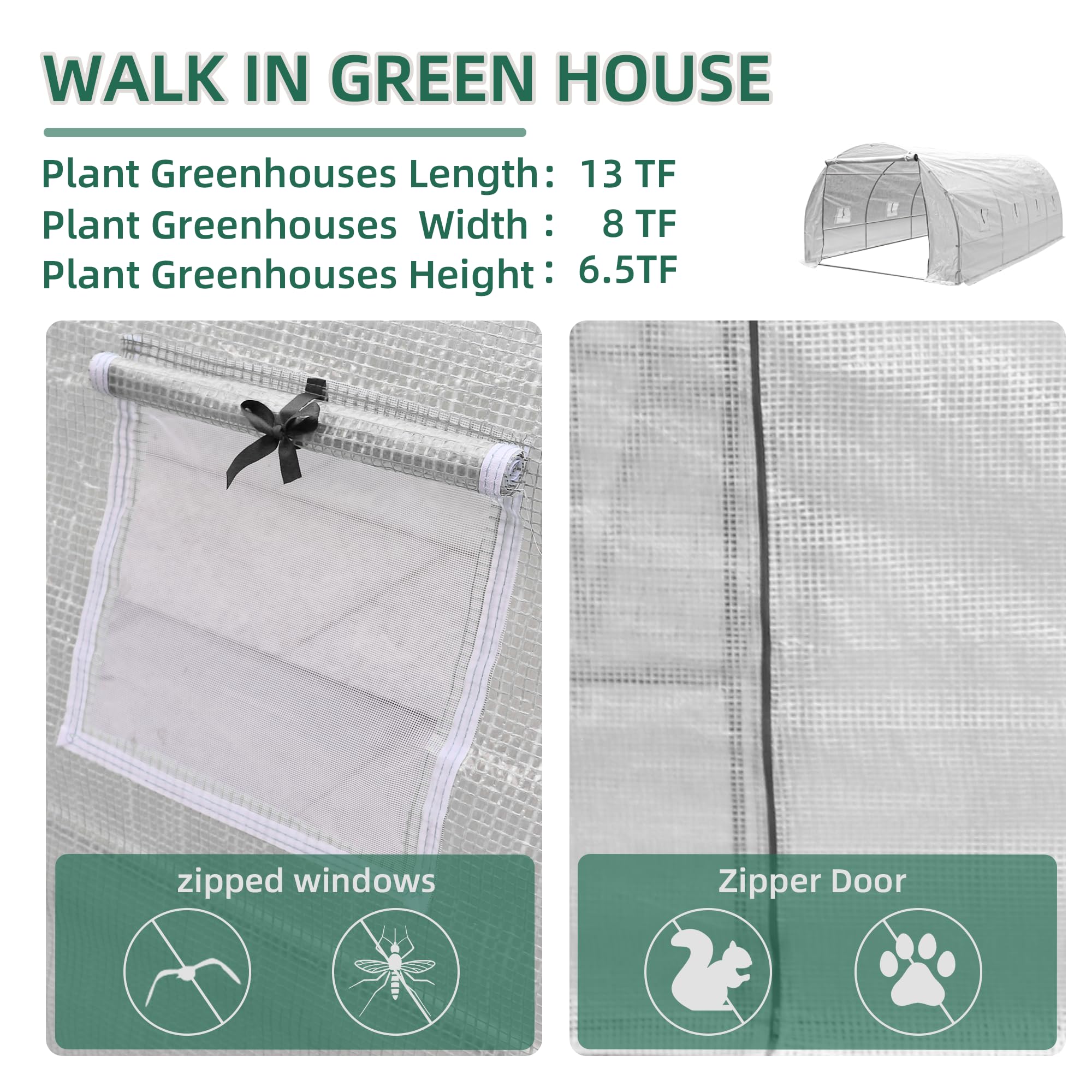 13x8x6.5FT Walk-in Greenhouse for Outdoor Gardening - Large High Tunnel PE Cover Greenhouse with Portable Irrigation System - Perfect for Growing Vegetables, Flowers & Herbs in Backyard or Patio