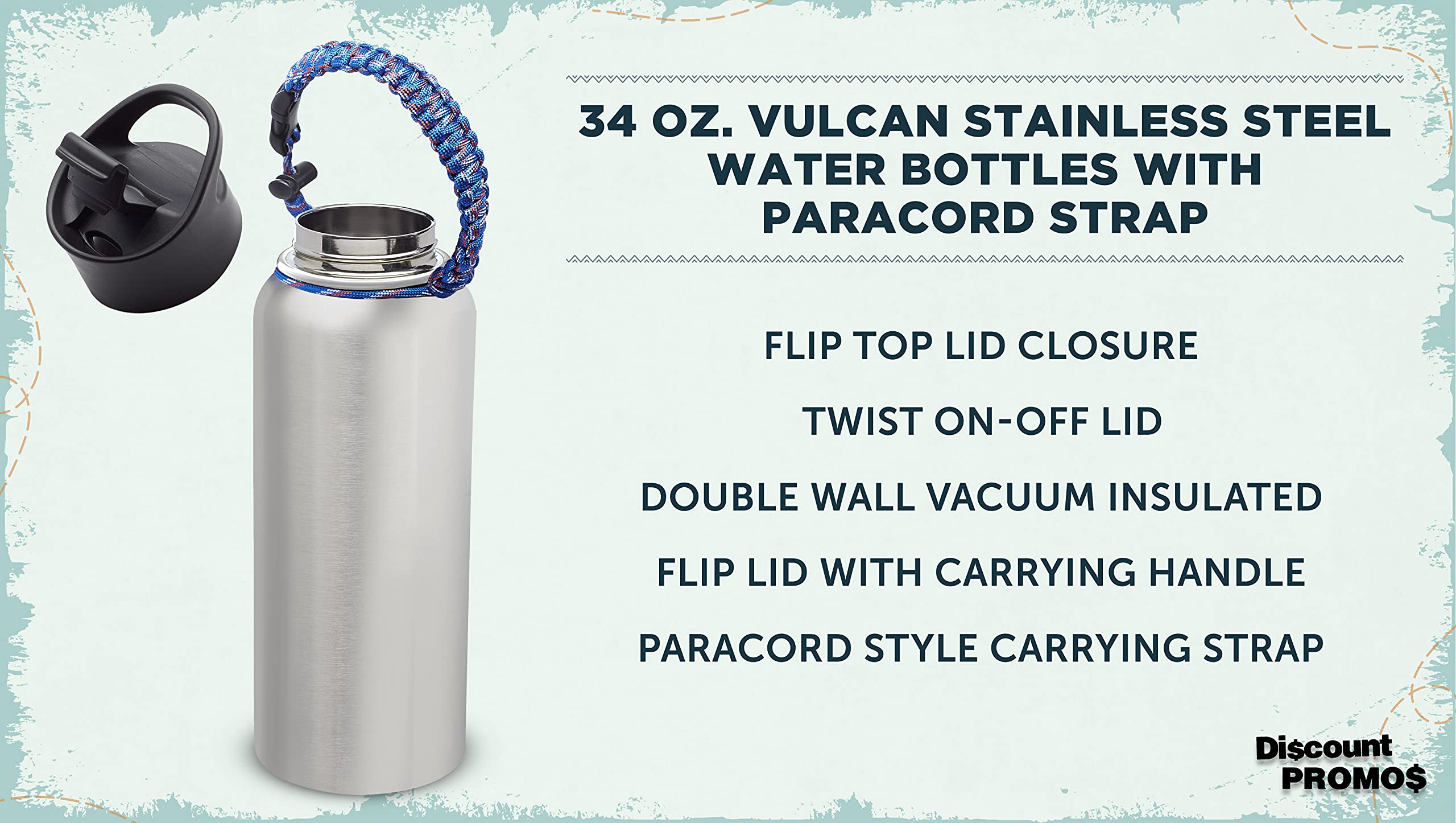 6 Pack Vulcan Stainless Steel Water Bottles 34oz - Double Wall Vacuum Insulated Silver Water Bottle with Strap - Leakproof & Sweatproof for Gym, Hiking, Camping, Office & Outdoor Activities