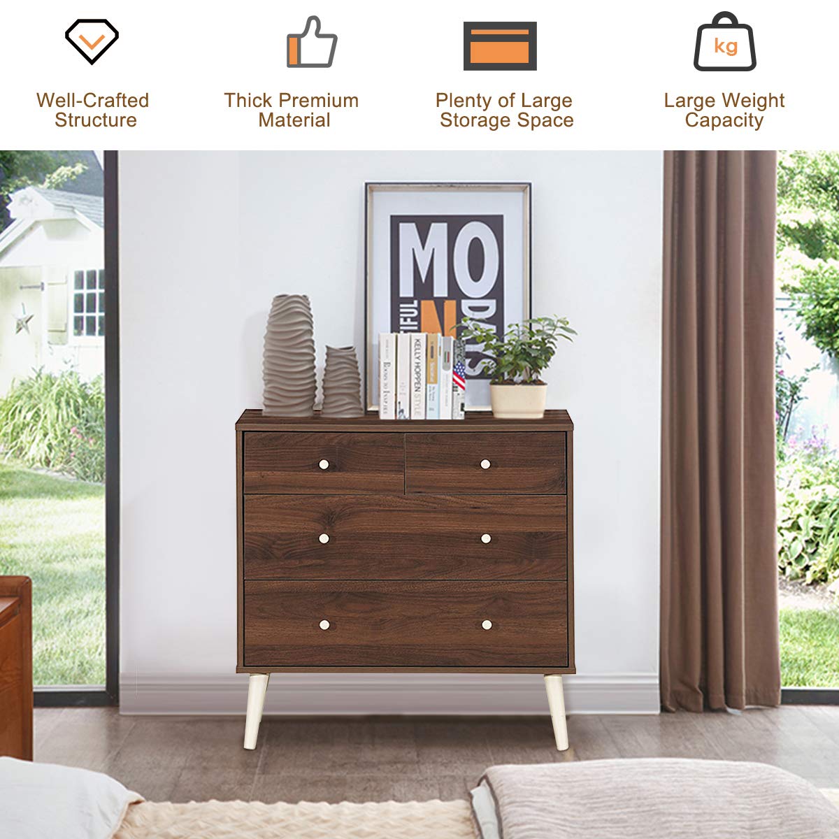 Giantex 4-Drawer Wooden Dresser with Sliding Rails - Free Standing Storage Cabinet for Bedroom, Living Room & Hallway - Coffee Brown Finish - Perfect for Clothes, Blankets & Home Organization