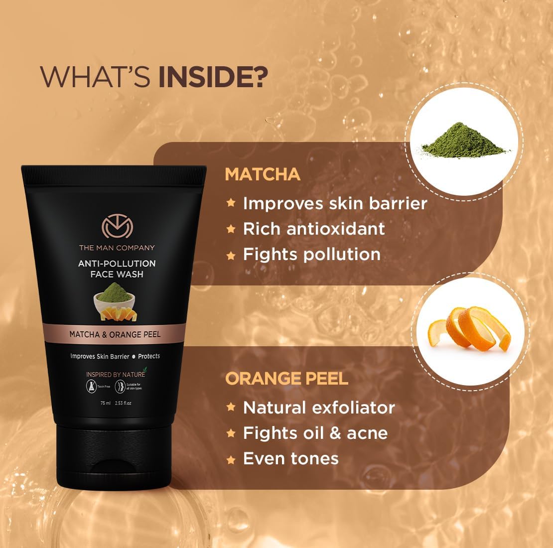 The Man Company Anti-Pollution Face Wash for Men - 75ml | Deep Cleansing Formula Removes Dirt, Impurities & Fights Blackheads, Whiteheads, Acne | Enriched with Orange Peel & Matcha Extract | Reduces Dark Spots & Pimples | Perfect for Daily Skincare Routine & Urban Lifestyle Protection